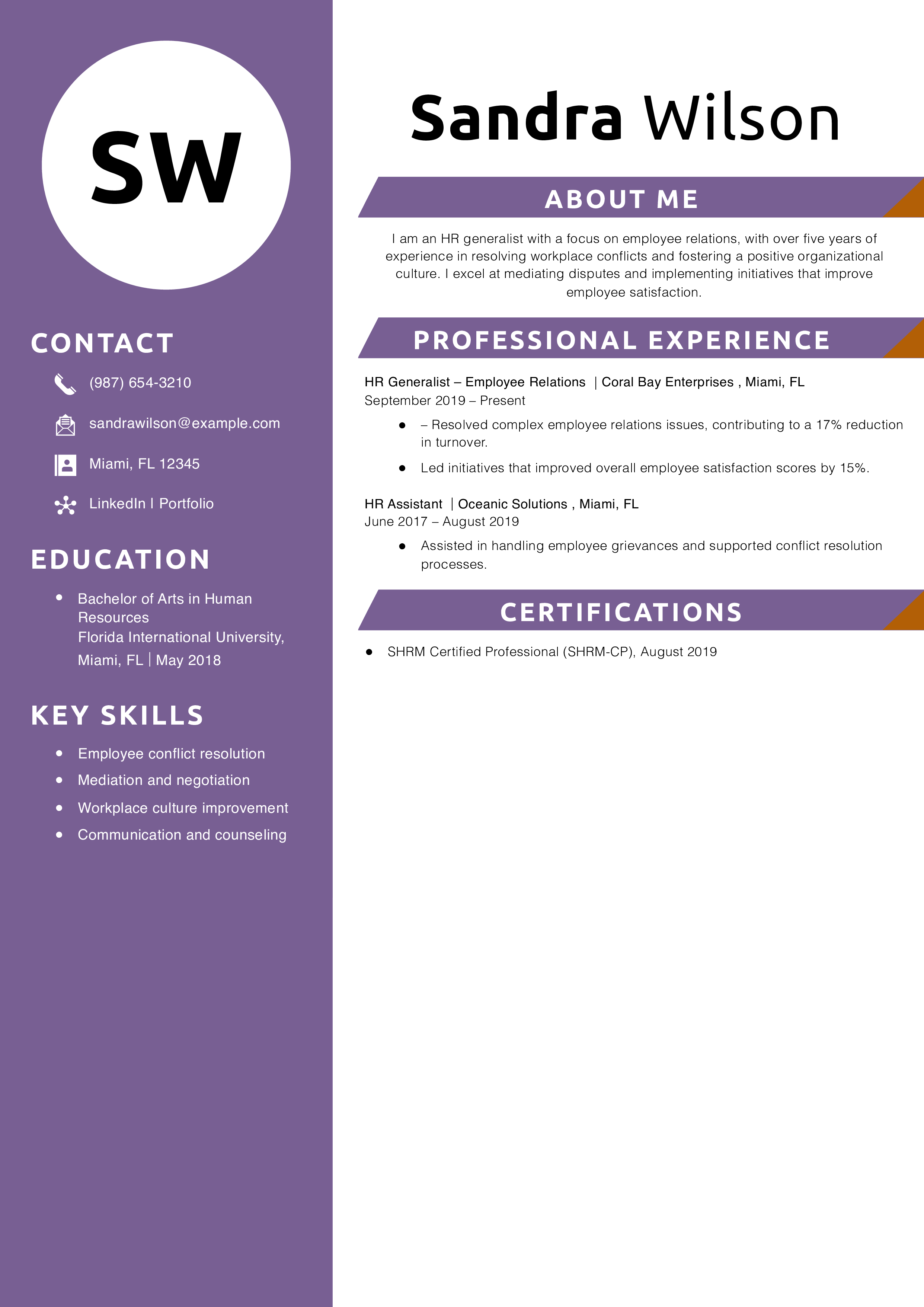 HR Generalist Employee Relations Resume Example