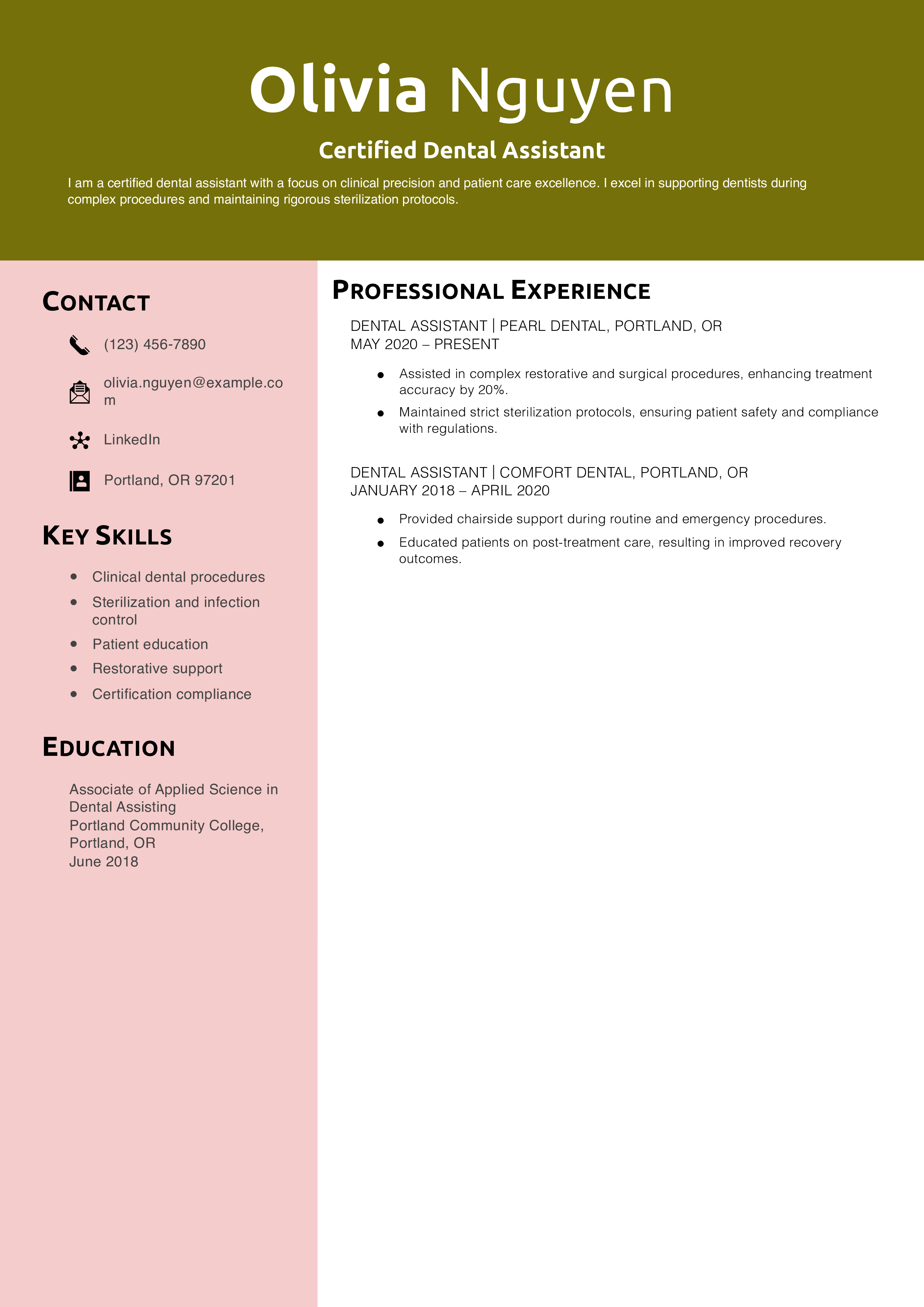 Certified Dental Assistant Resume Example