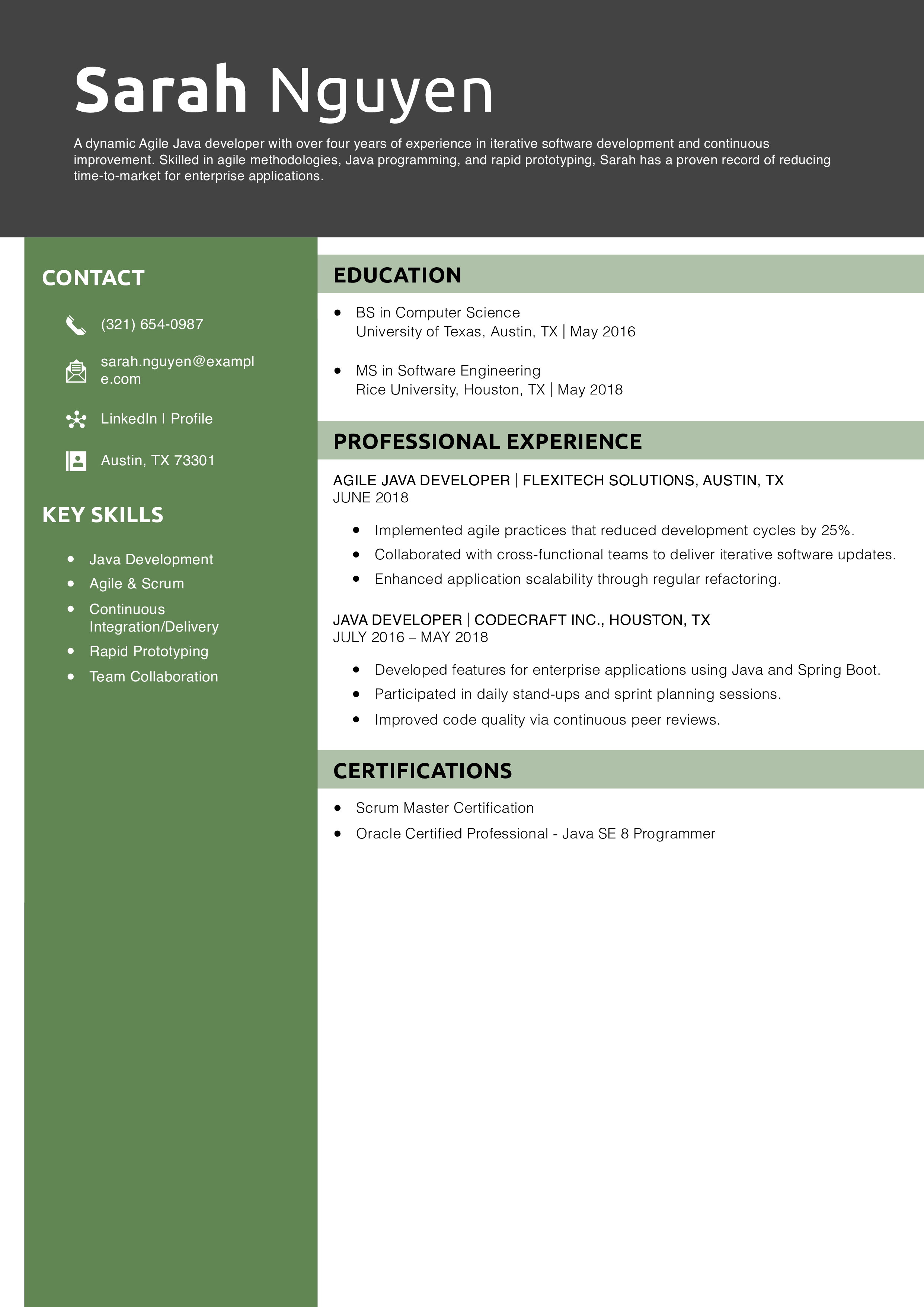Agile Java Developer Resume Example