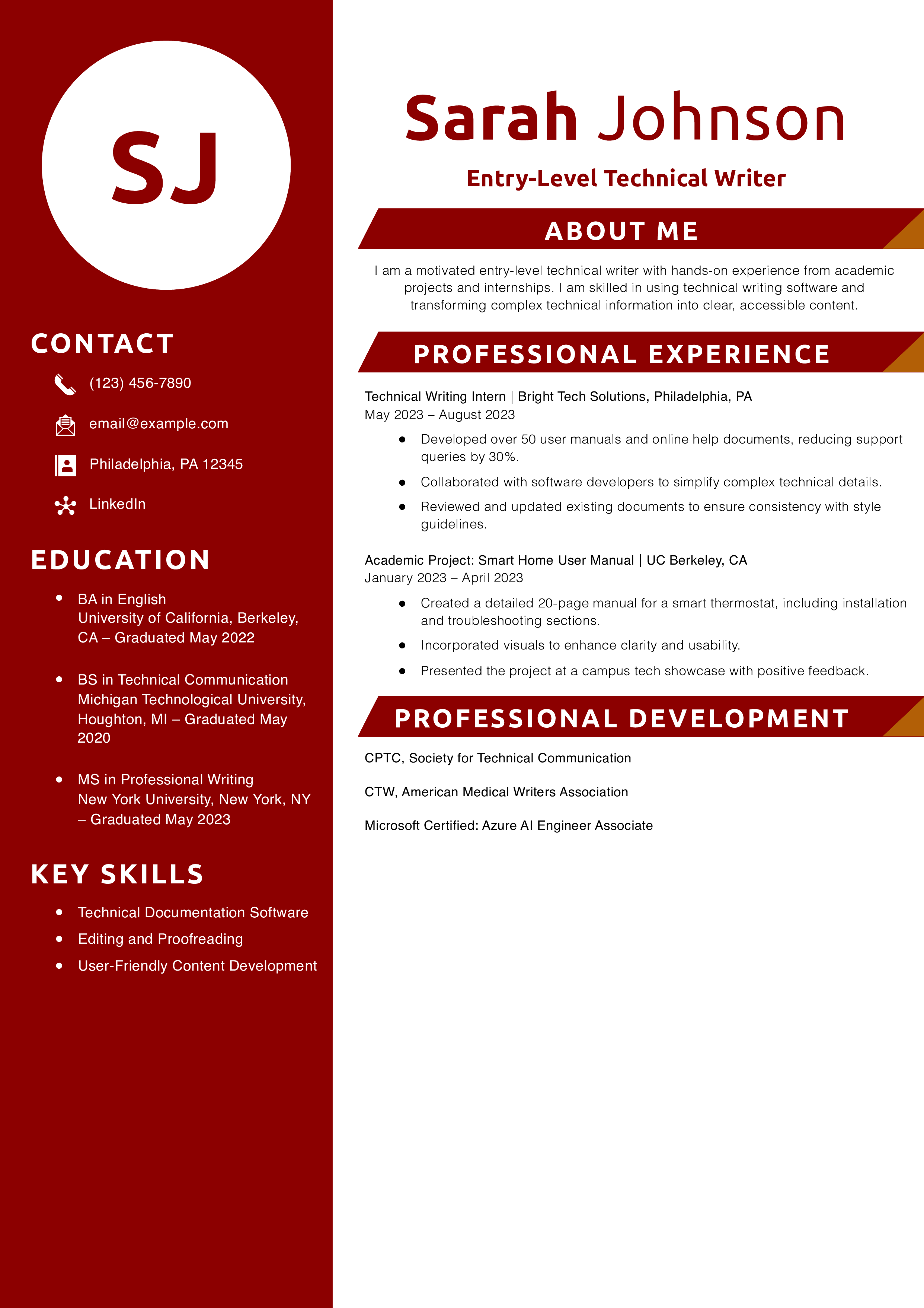 Entry-Level Technical Writer Resume Example