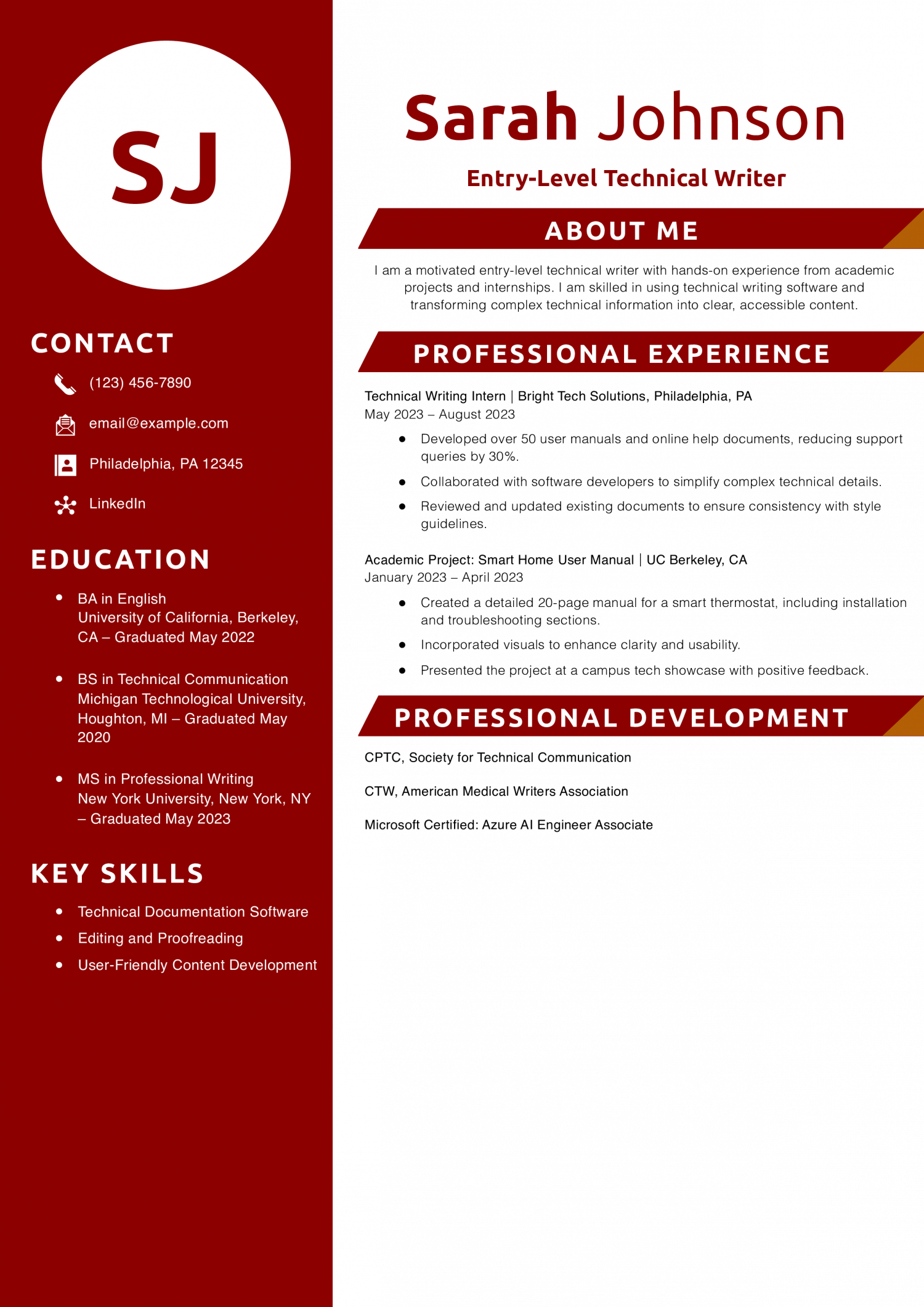Entry-Level Technical Writer Resume Example