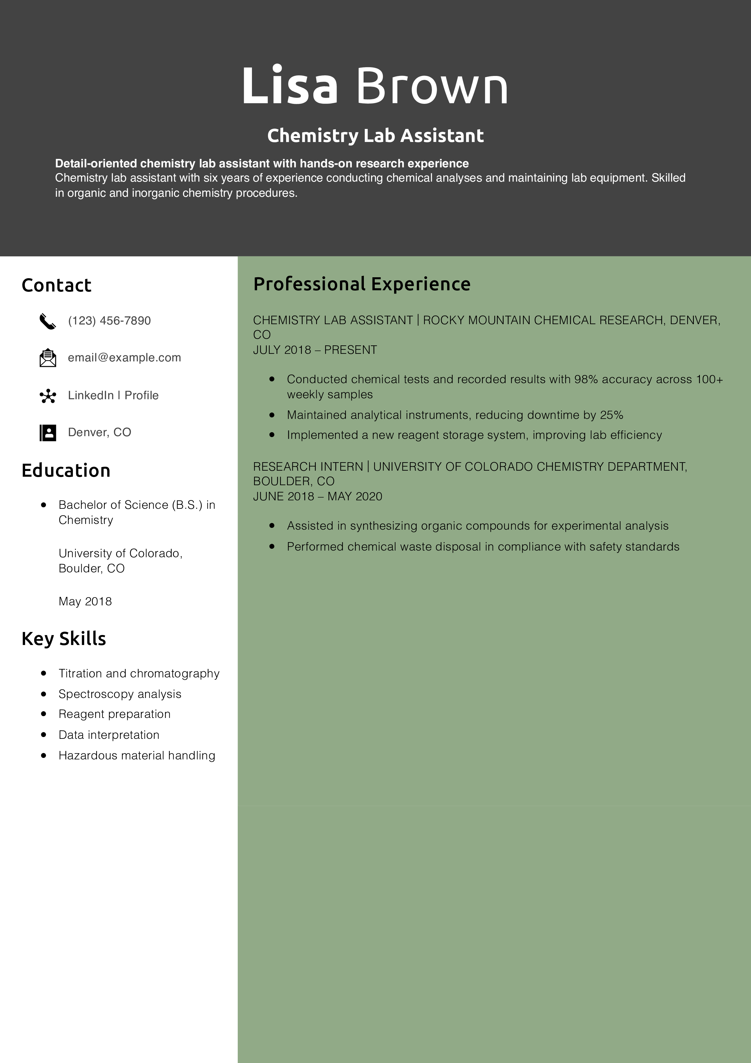 Chemistry Lab Assistant Resume