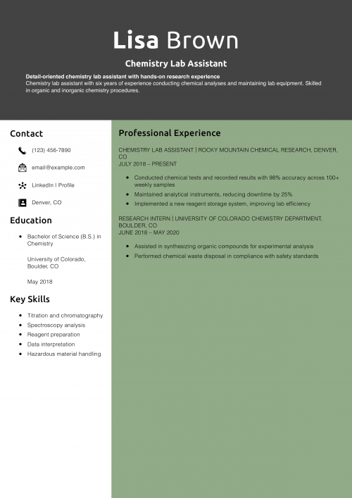 Chemistry Lab Assistant Resume
