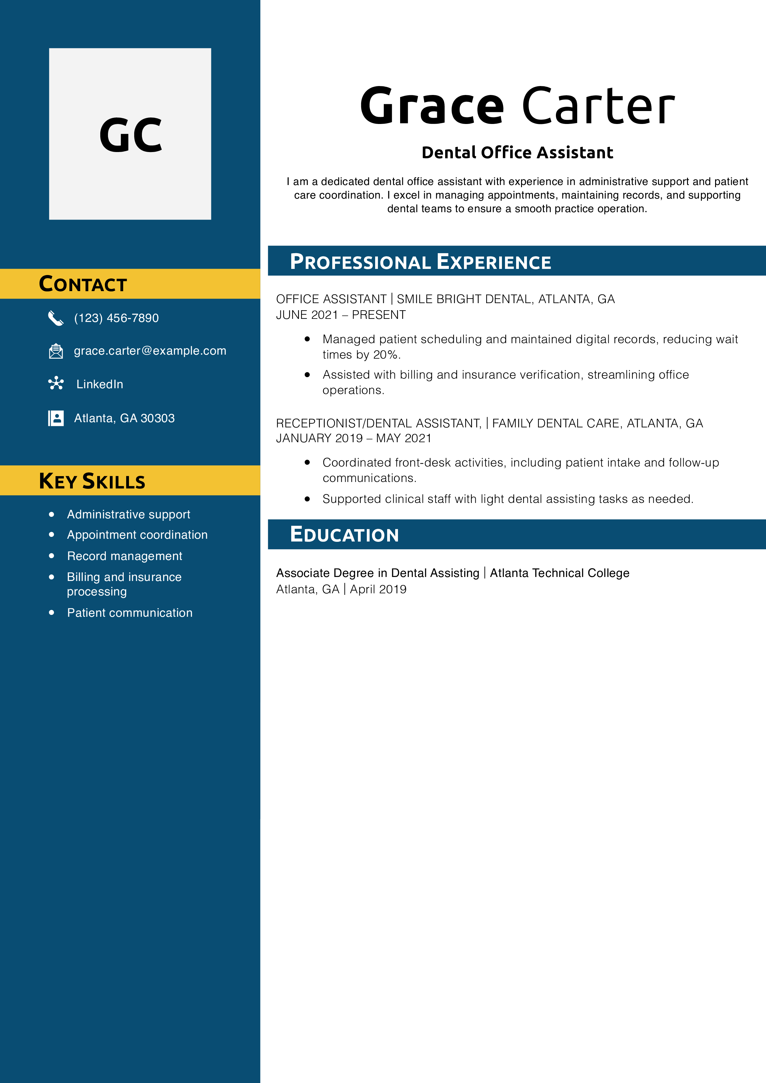 Dental Office Assistant Resume Example