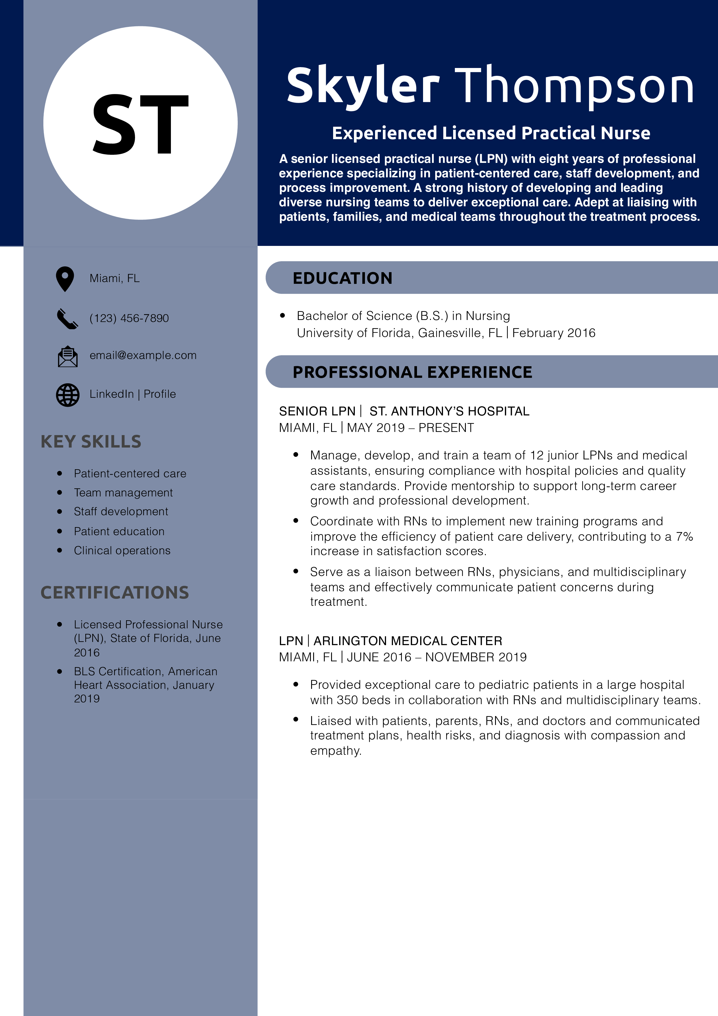 Experienced Licensed Practical Nurse Resume Example