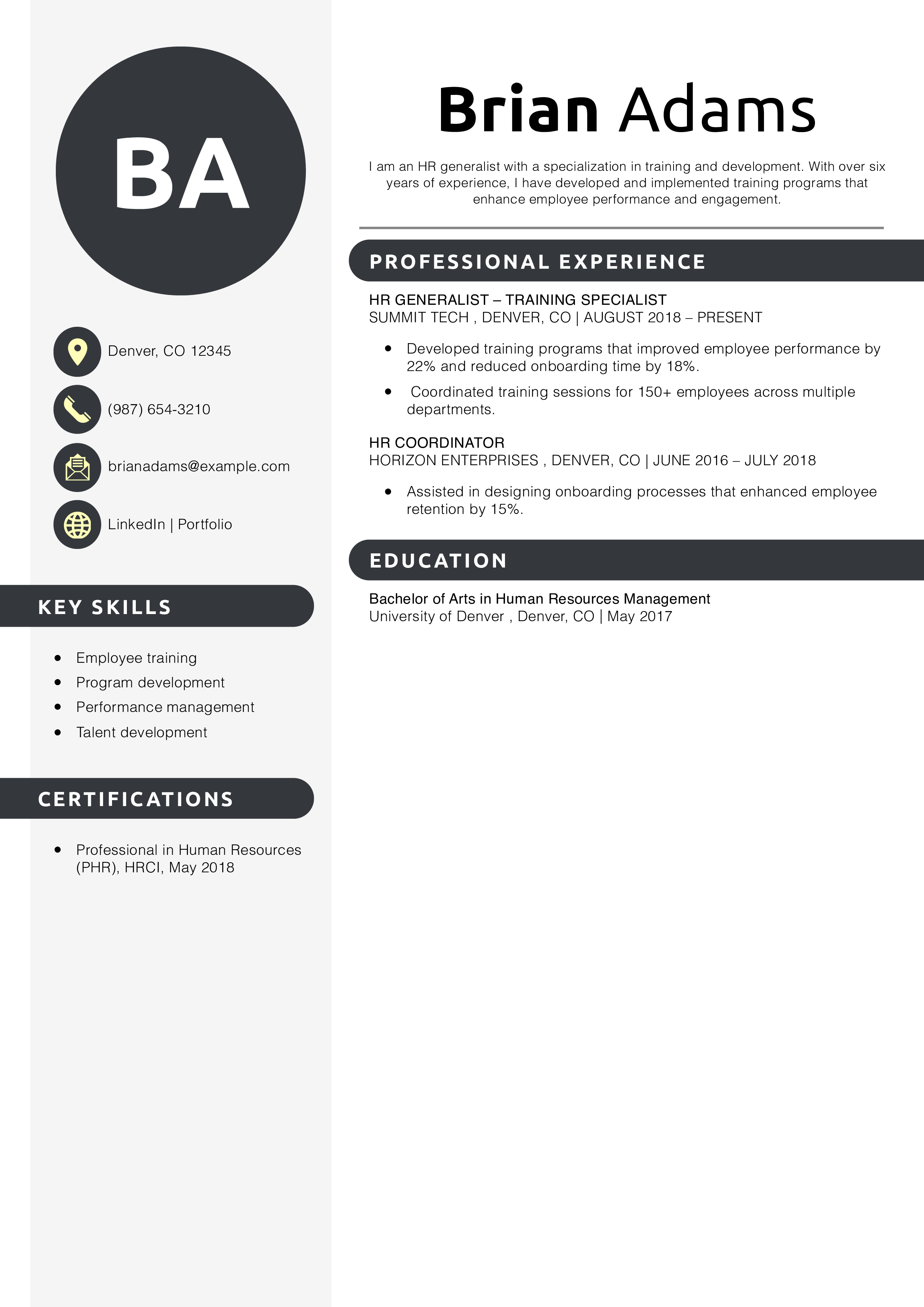 HR Generalist Training Specialist Resume Example