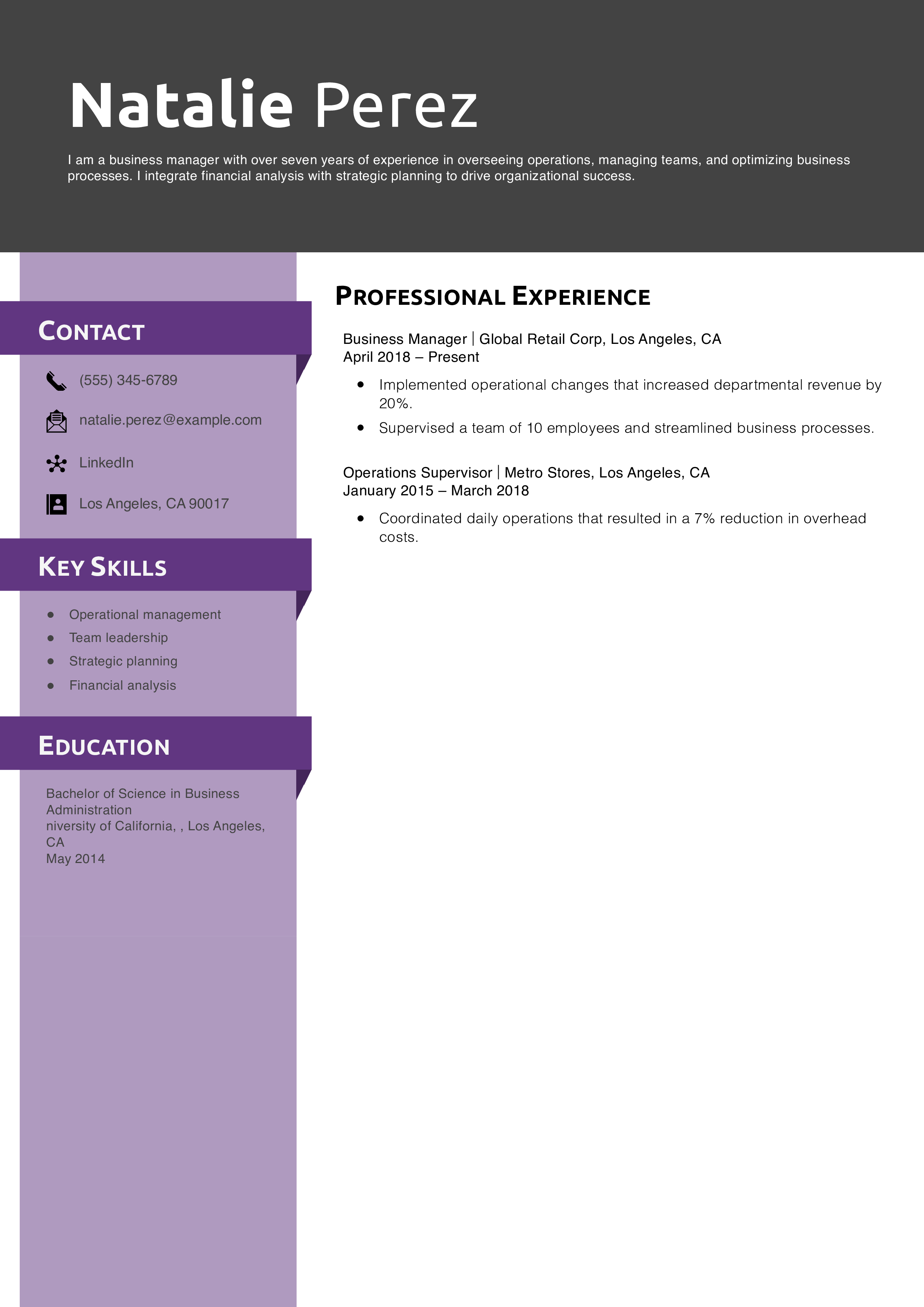 Senior Business Manager Resume Example