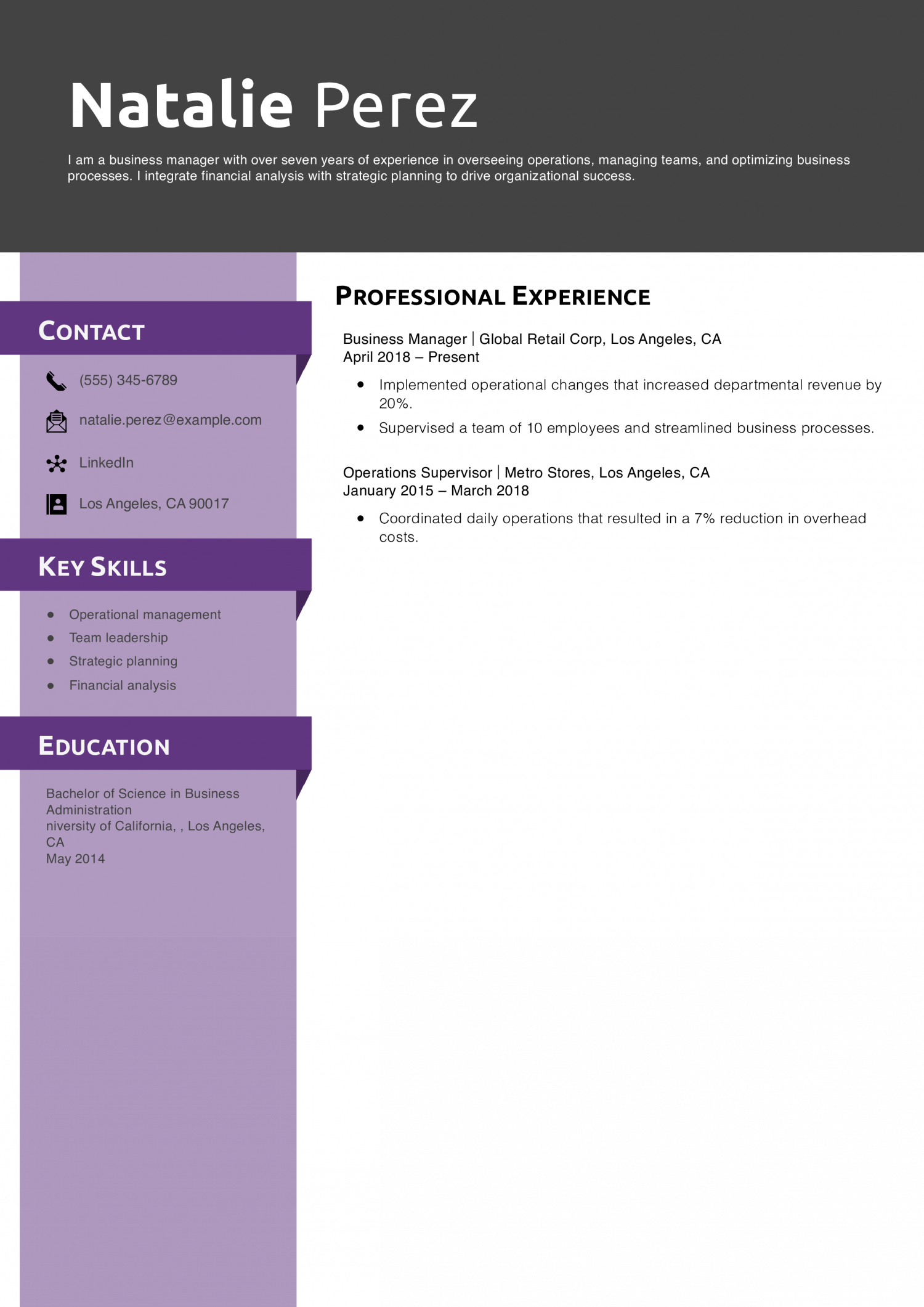 Senior Business Manager Resume Example