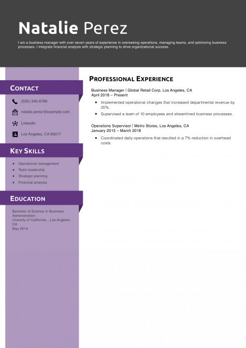 Senior Business Manager Resume Example