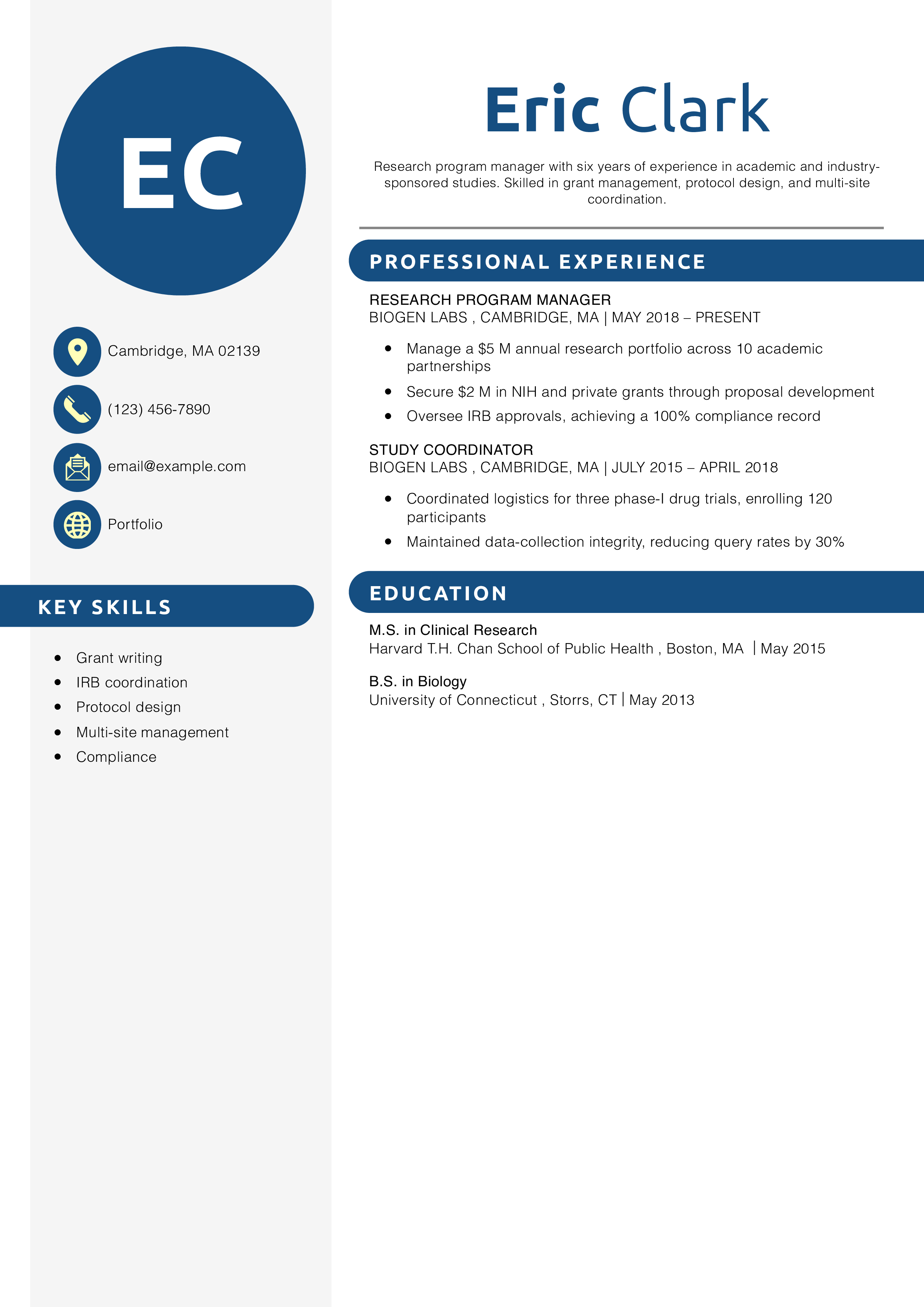 Research Program Manager Resume Example
