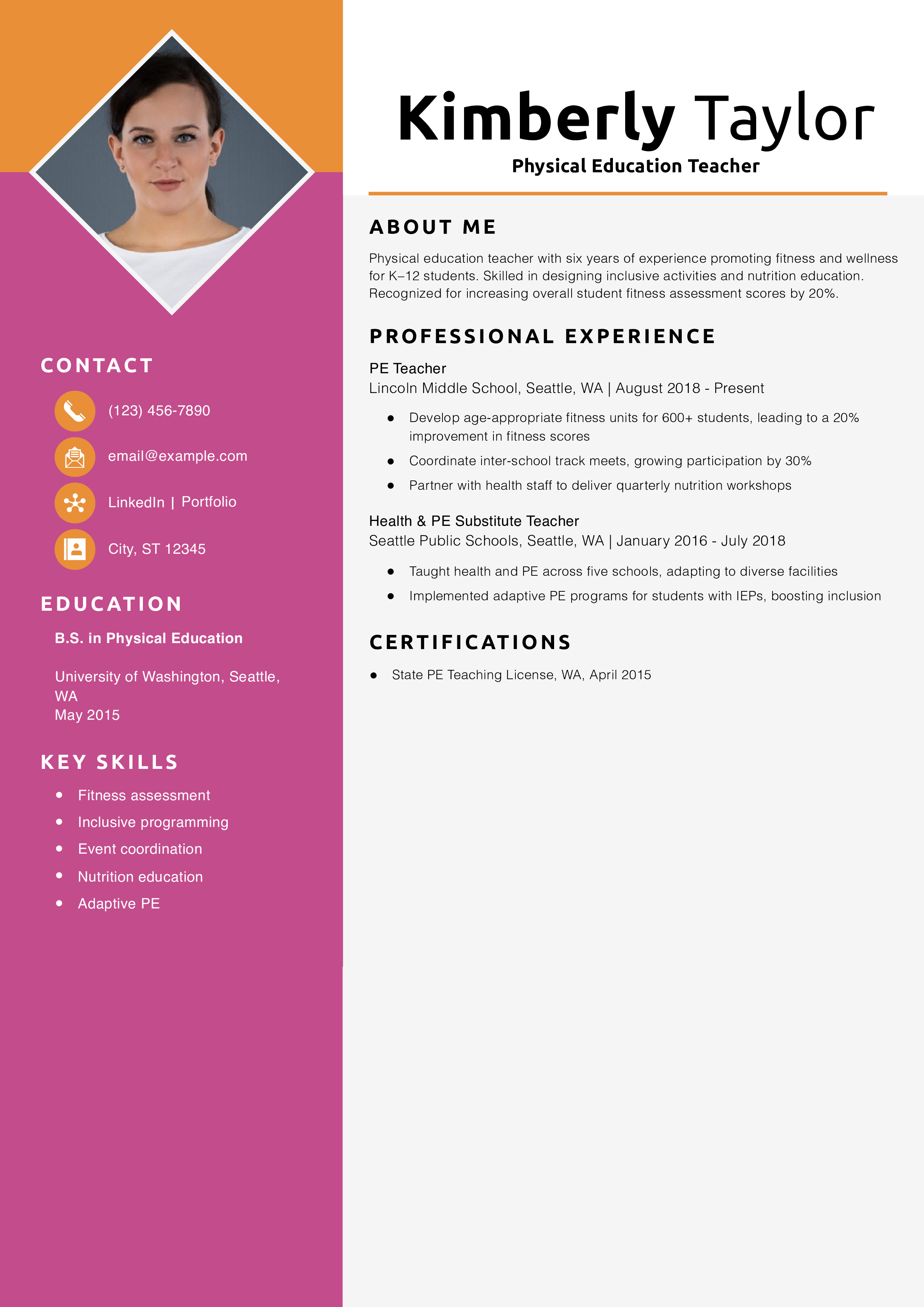 Physical Education Teacher Resume Example