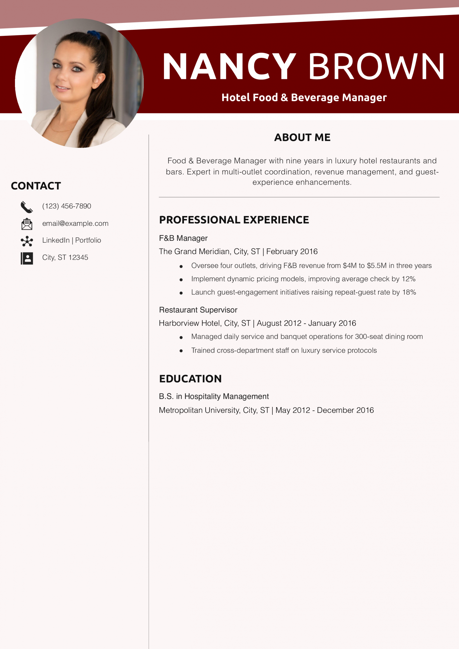 Hotel Food & Beverage Manager Resume Example