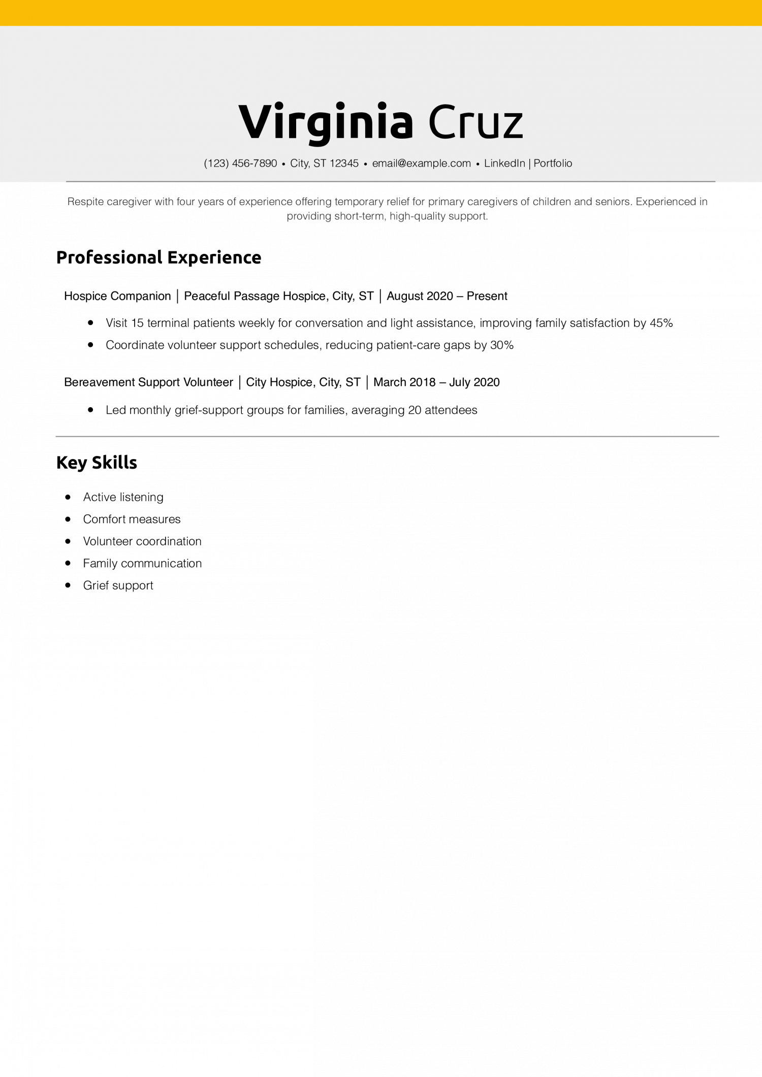Respite Caregiver Resume Example