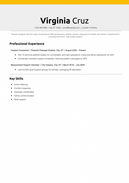 Respite Caregiver Resume Example