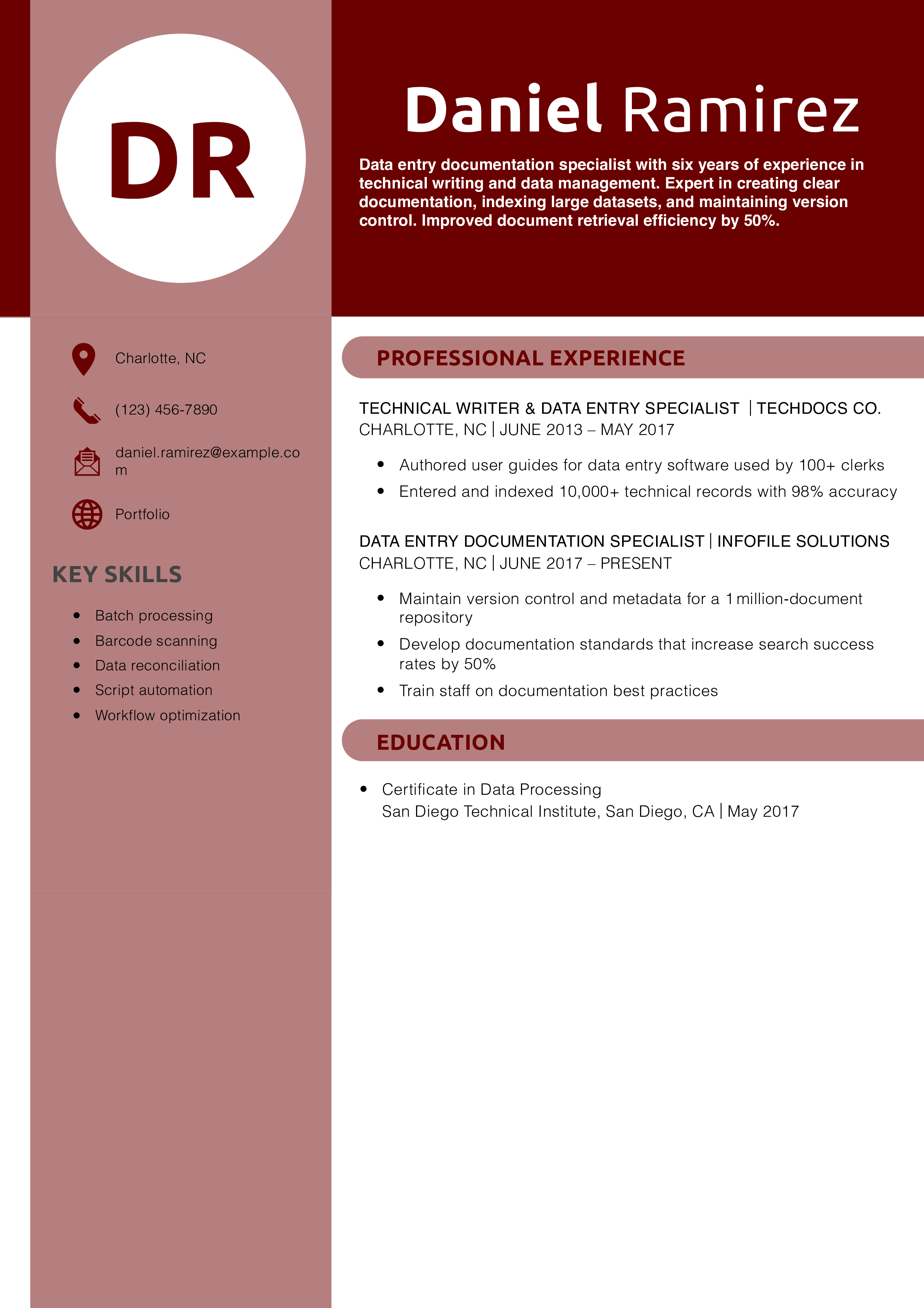 Data Entry Documentation Specialist Resume Example
