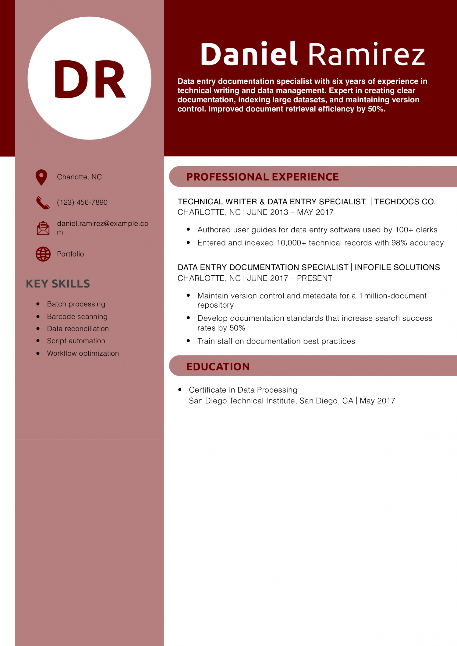 Data Entry Documentation Specialist Resume Example