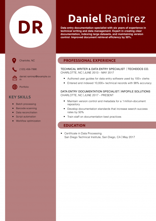 Data Entry Documentation Specialist Resume Example