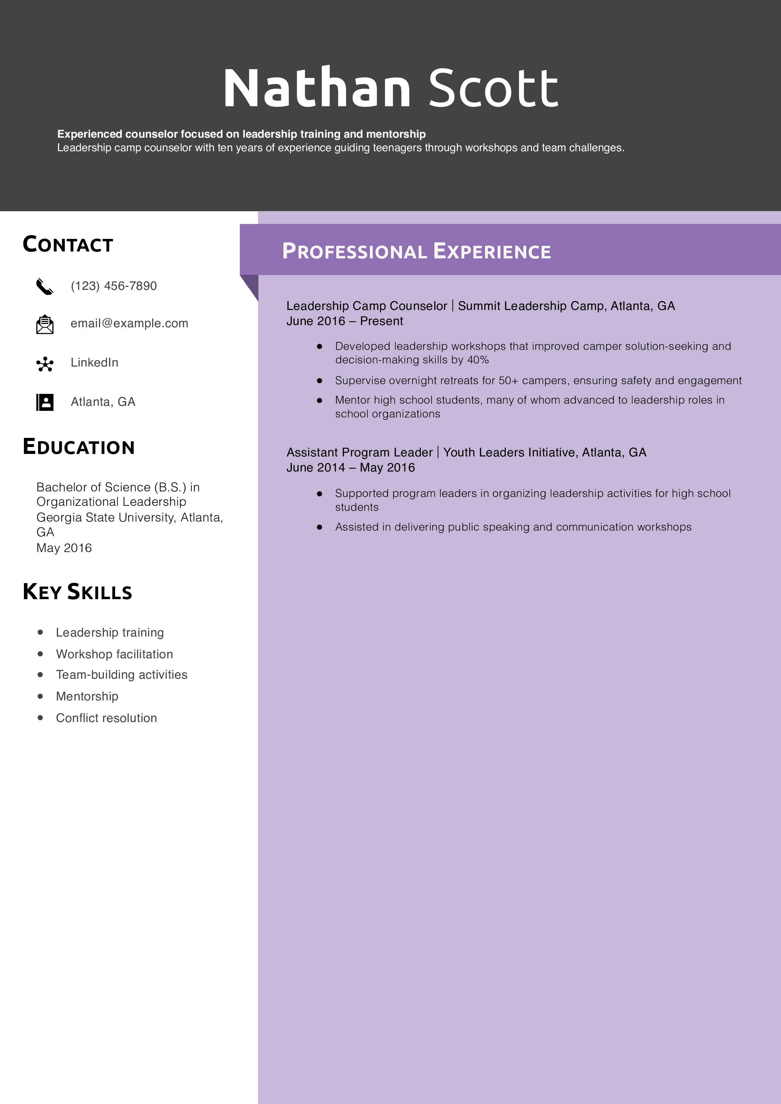 Leadership Camp Counselor Resume