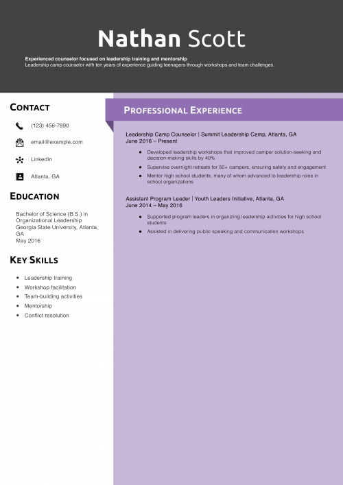 Leadership Camp Counselor Resume