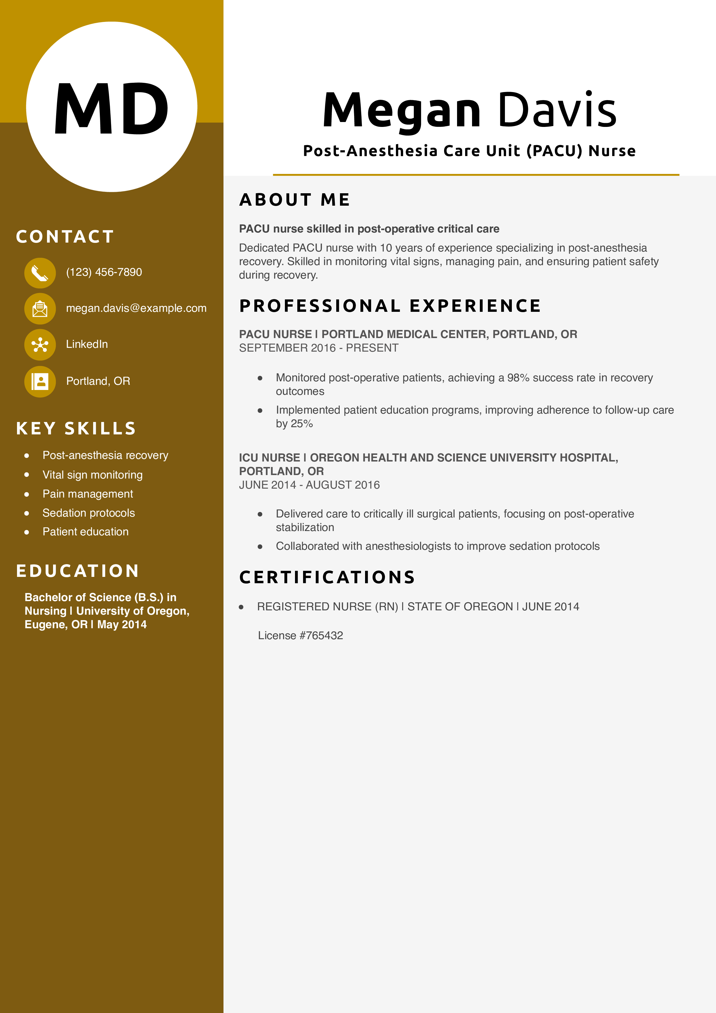 Post-Anesthesia Care Unit (PACU) Nurse Resume