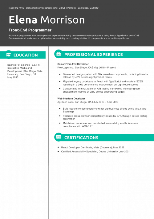 Front-End Programmer Resume Example