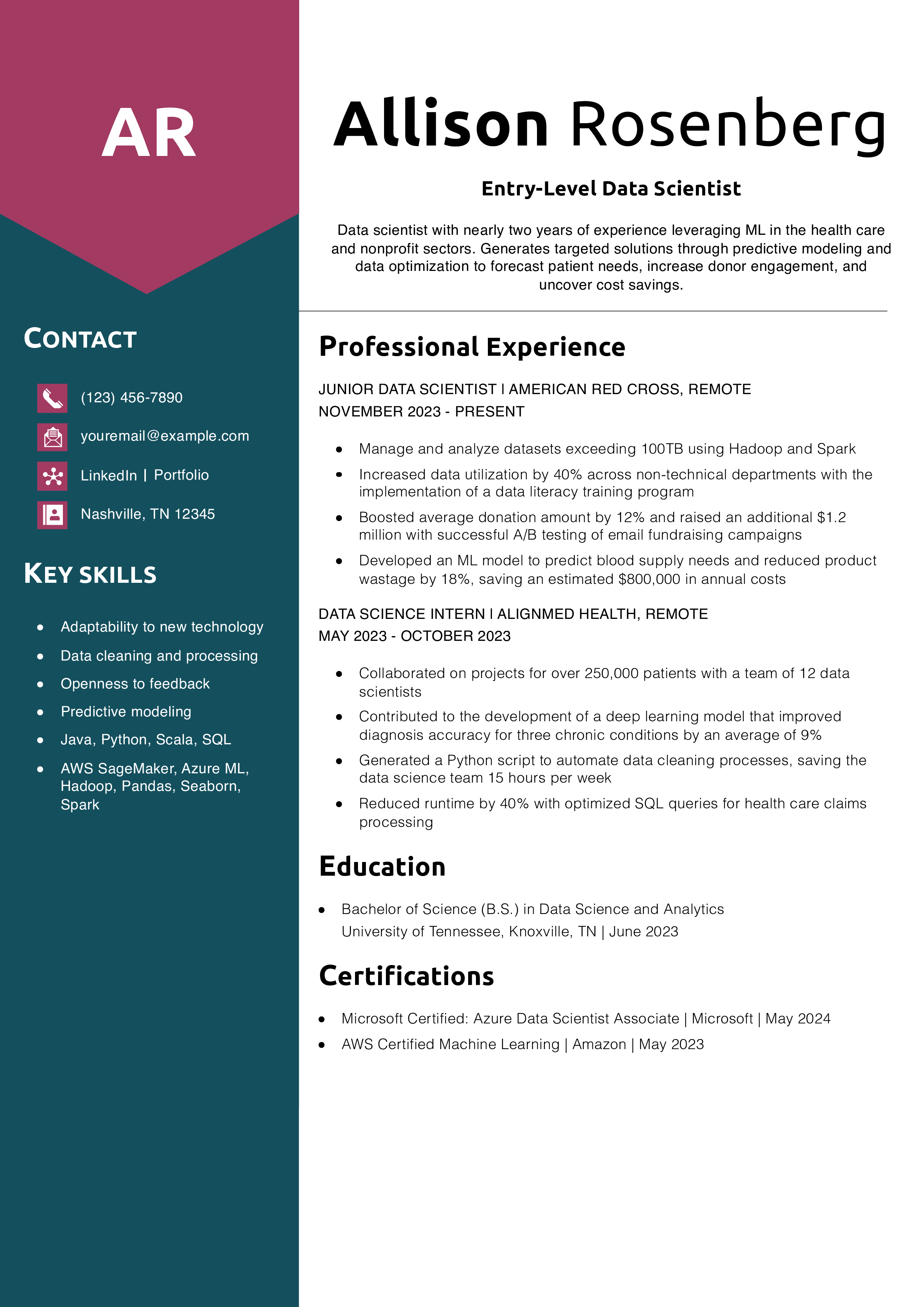 Entry-Level Data Scientist Resume Example