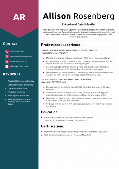 Entry-Level Data Scientist Resume Example