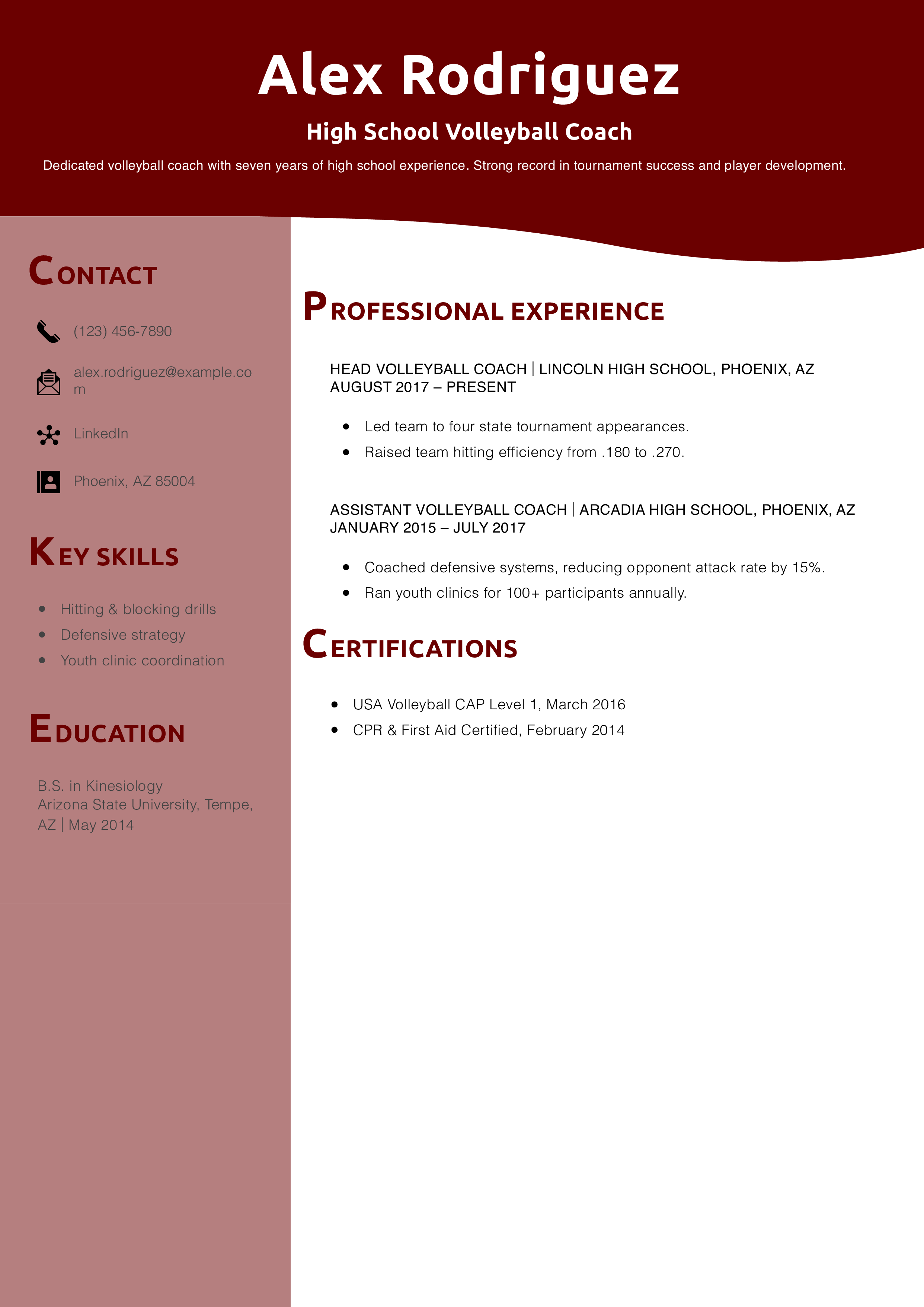 High School Volleyball Coach Resume Example