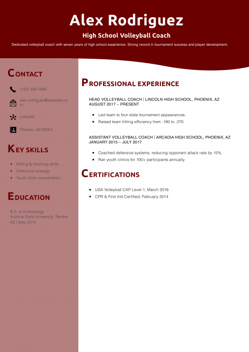 High School Volleyball Coach Resume Example