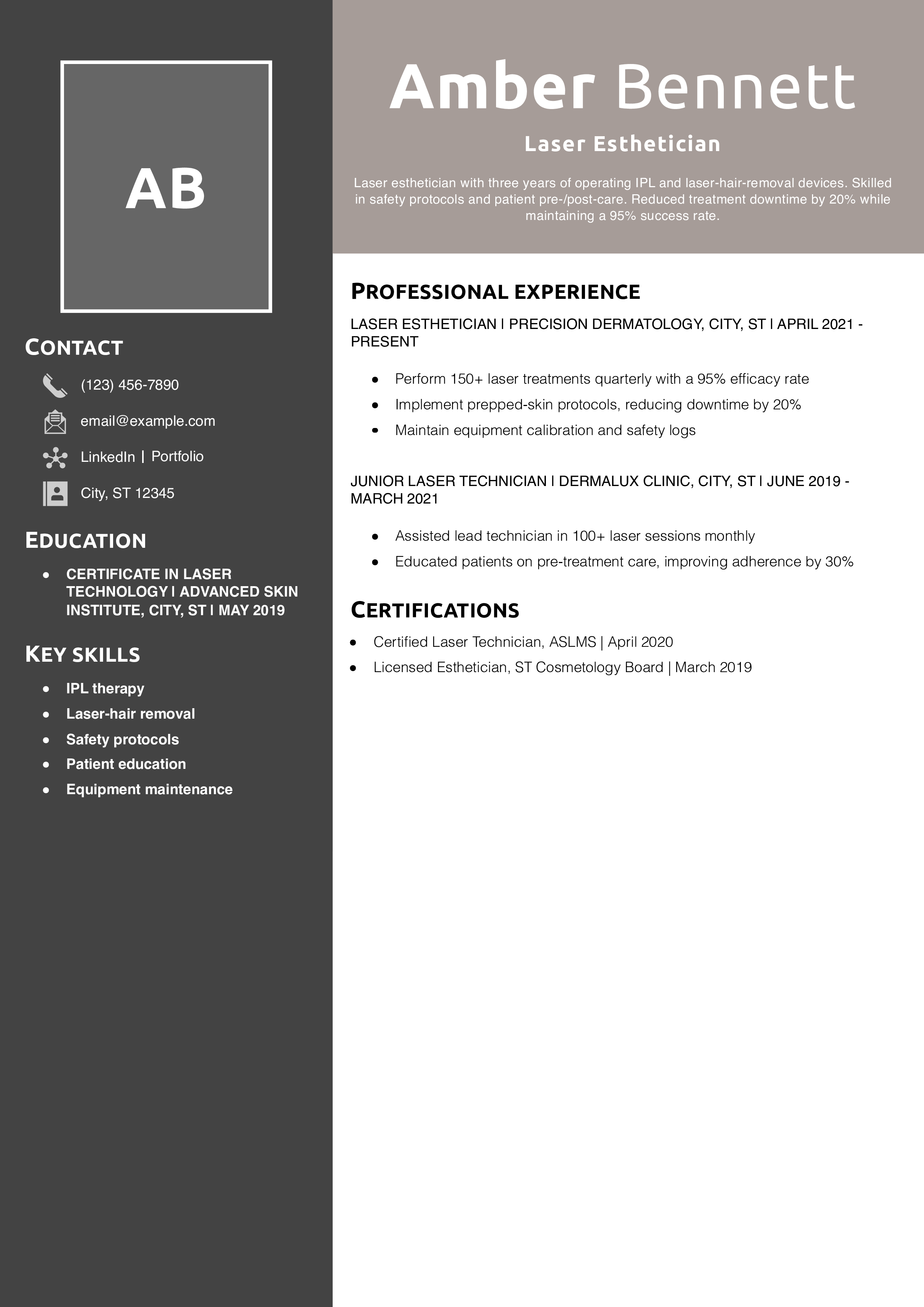 Laser Esthetician Resume Example