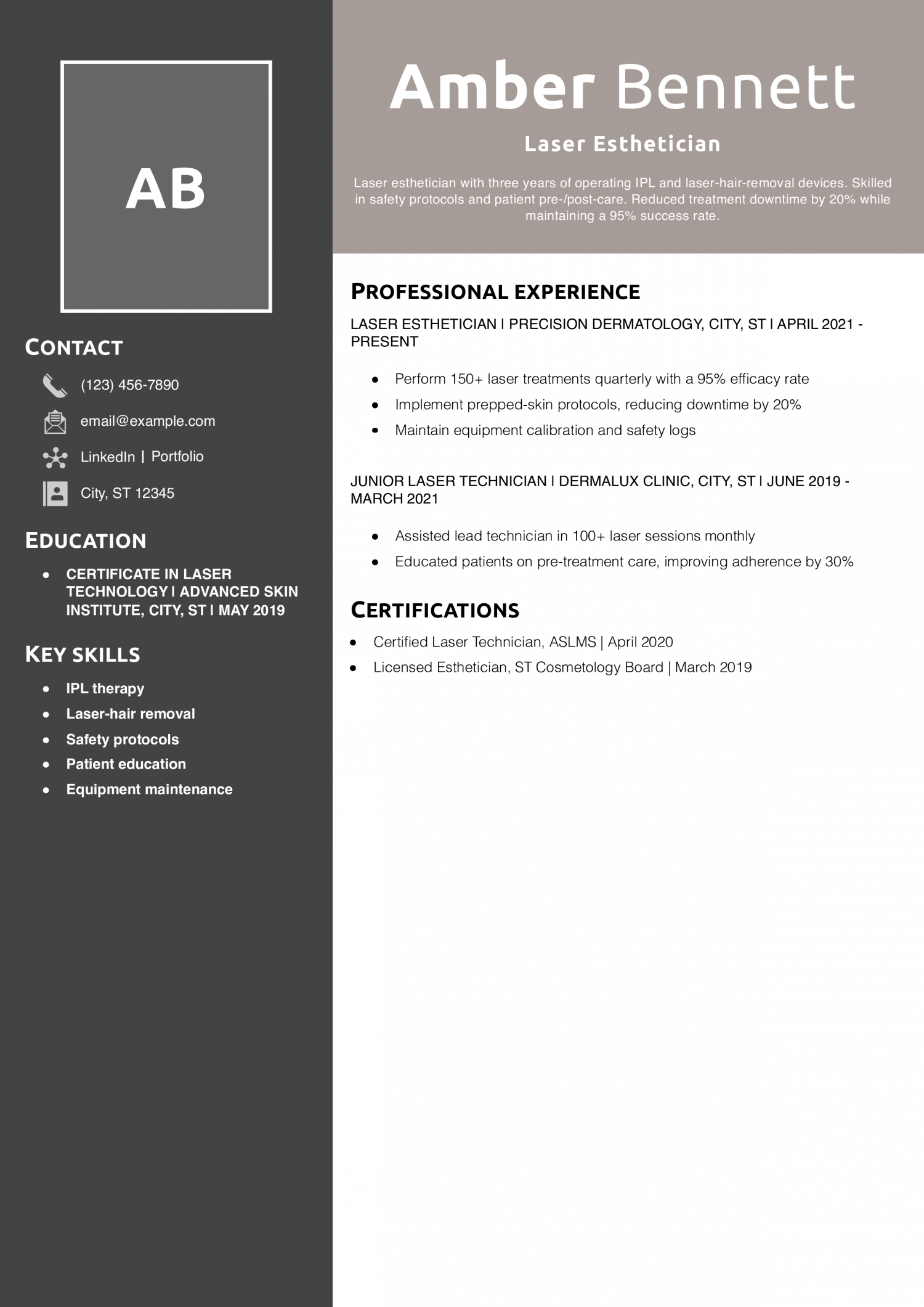 Laser Esthetician Resume Example