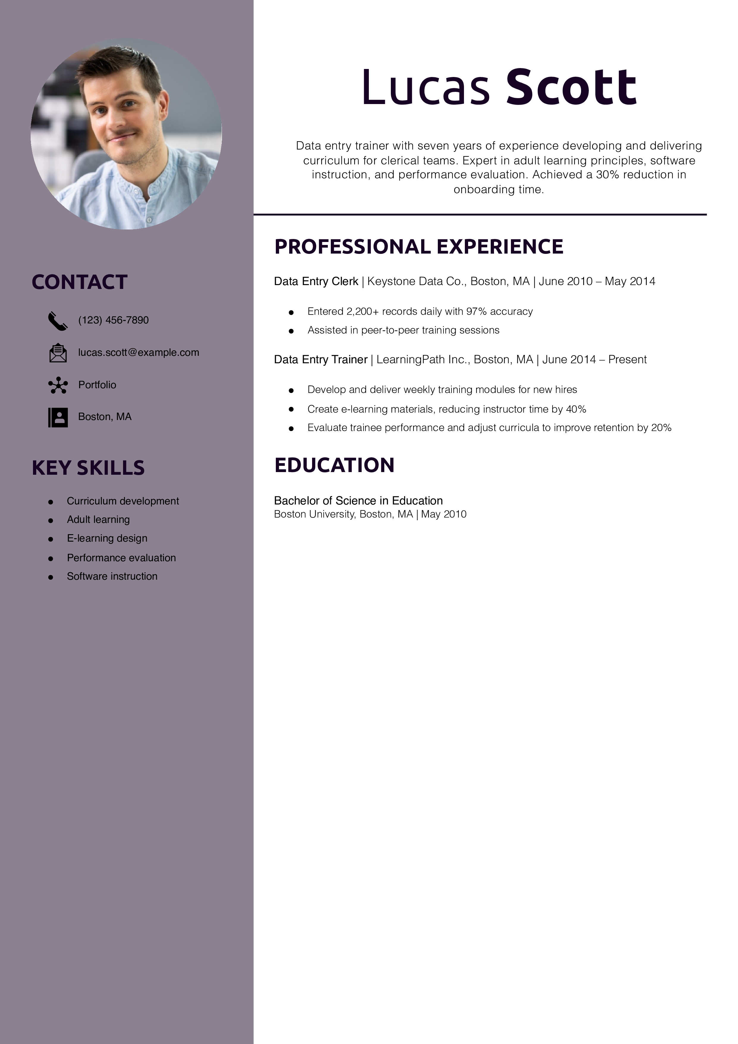 Data Entry Trainer Resume Example
