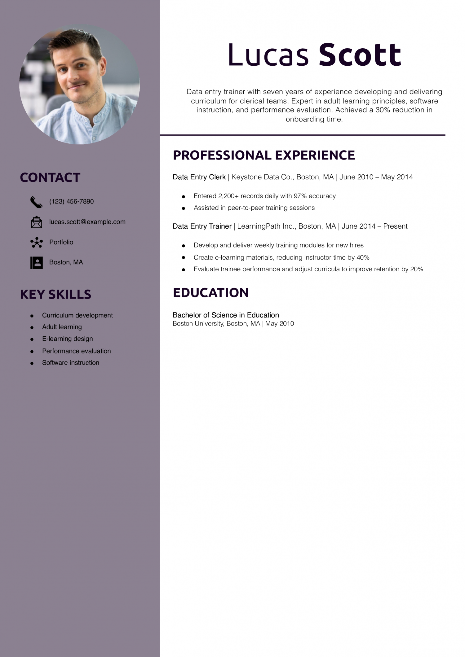 Data Entry Trainer Resume Example