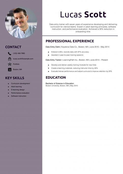 Data Entry Trainer Resume Example