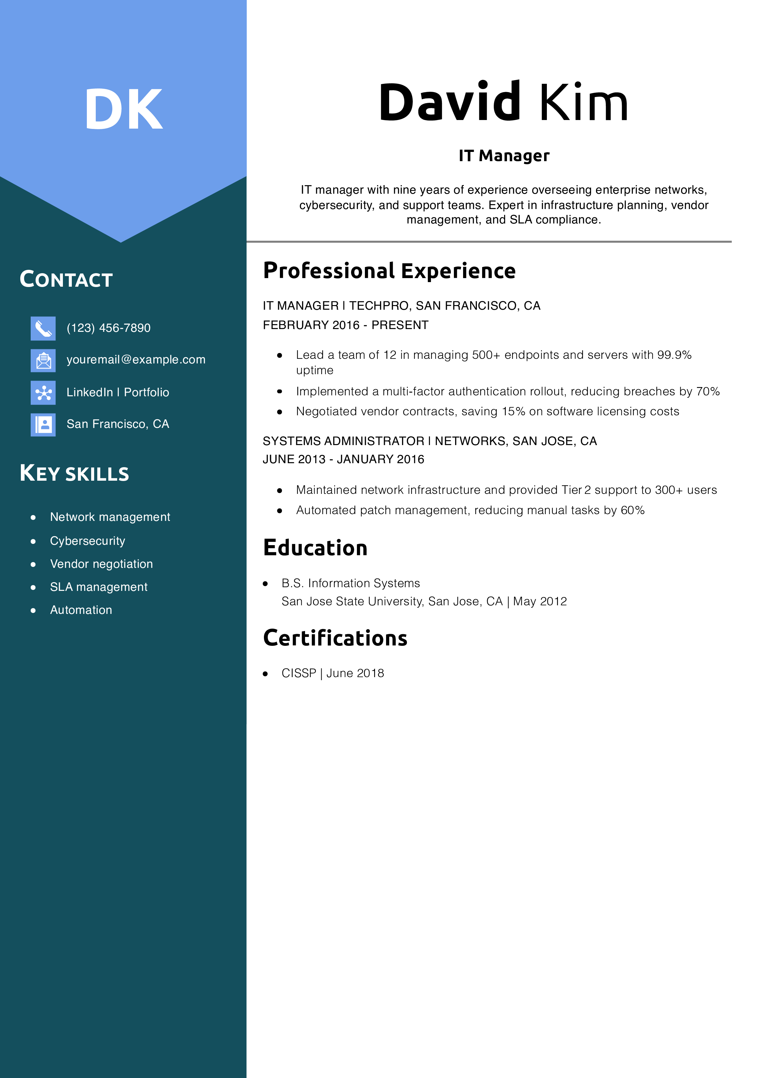 IT Manager Resume Example