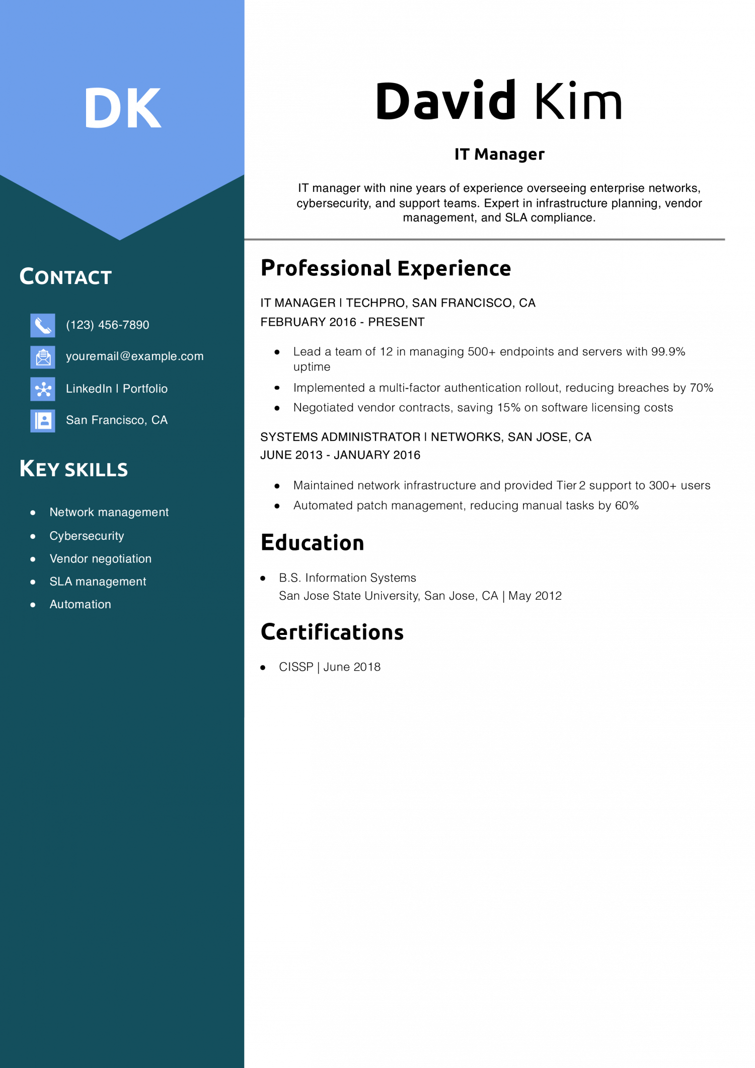 IT Manager Resume Example