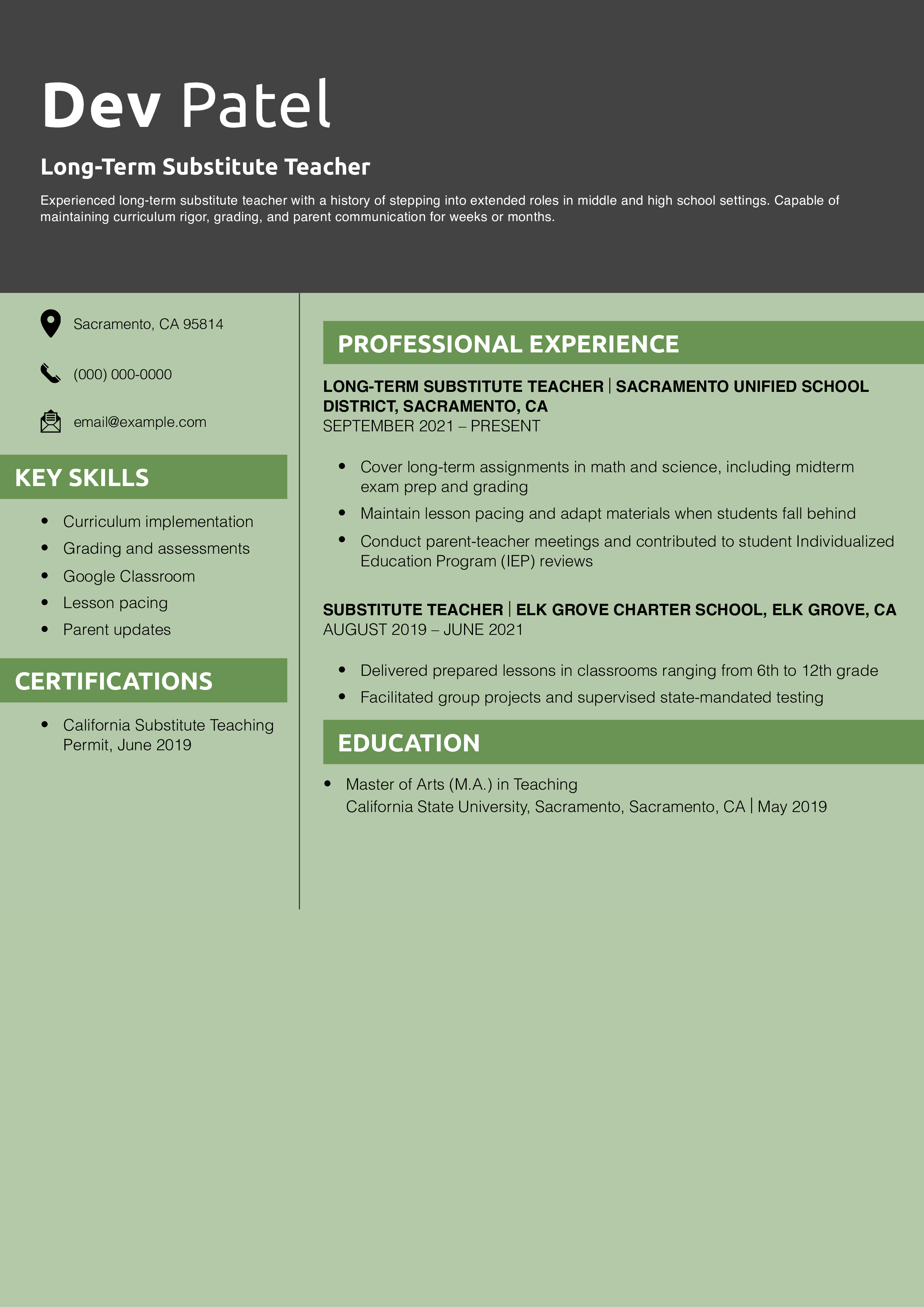 Long-Term Substitute Teacher Resume Example