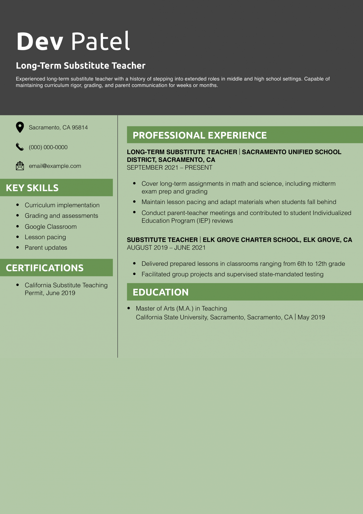 Long-Term Substitute Teacher Resume Example