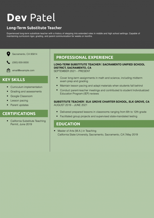 Long-Term Substitute Teacher Resume Example