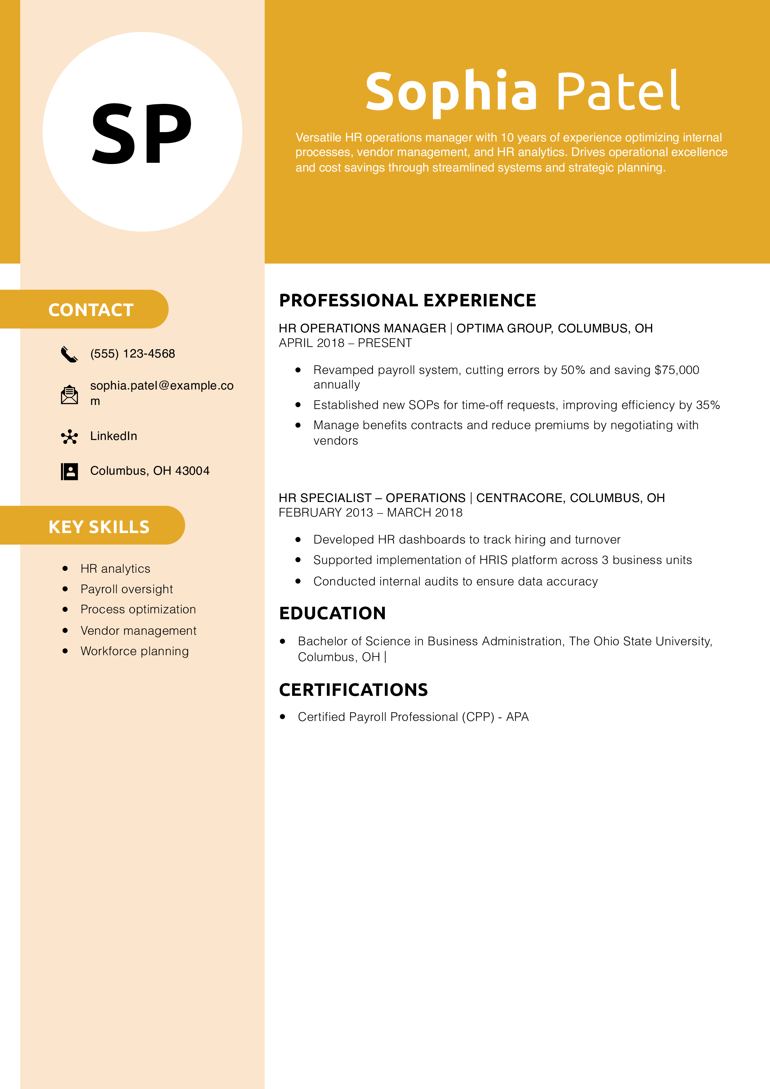 HR Operations Manager Resume Example