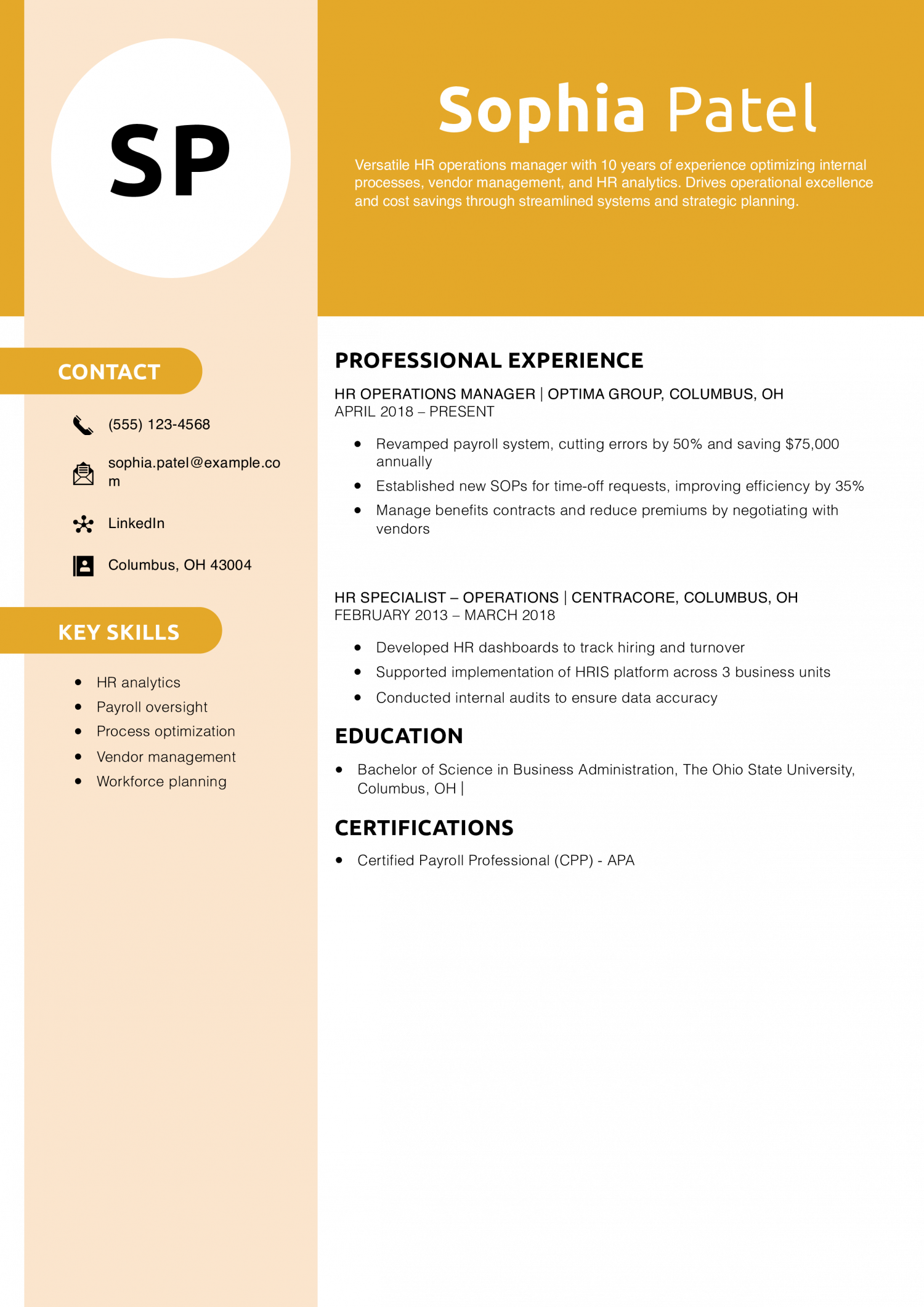 HR Operations Manager Resume Example
