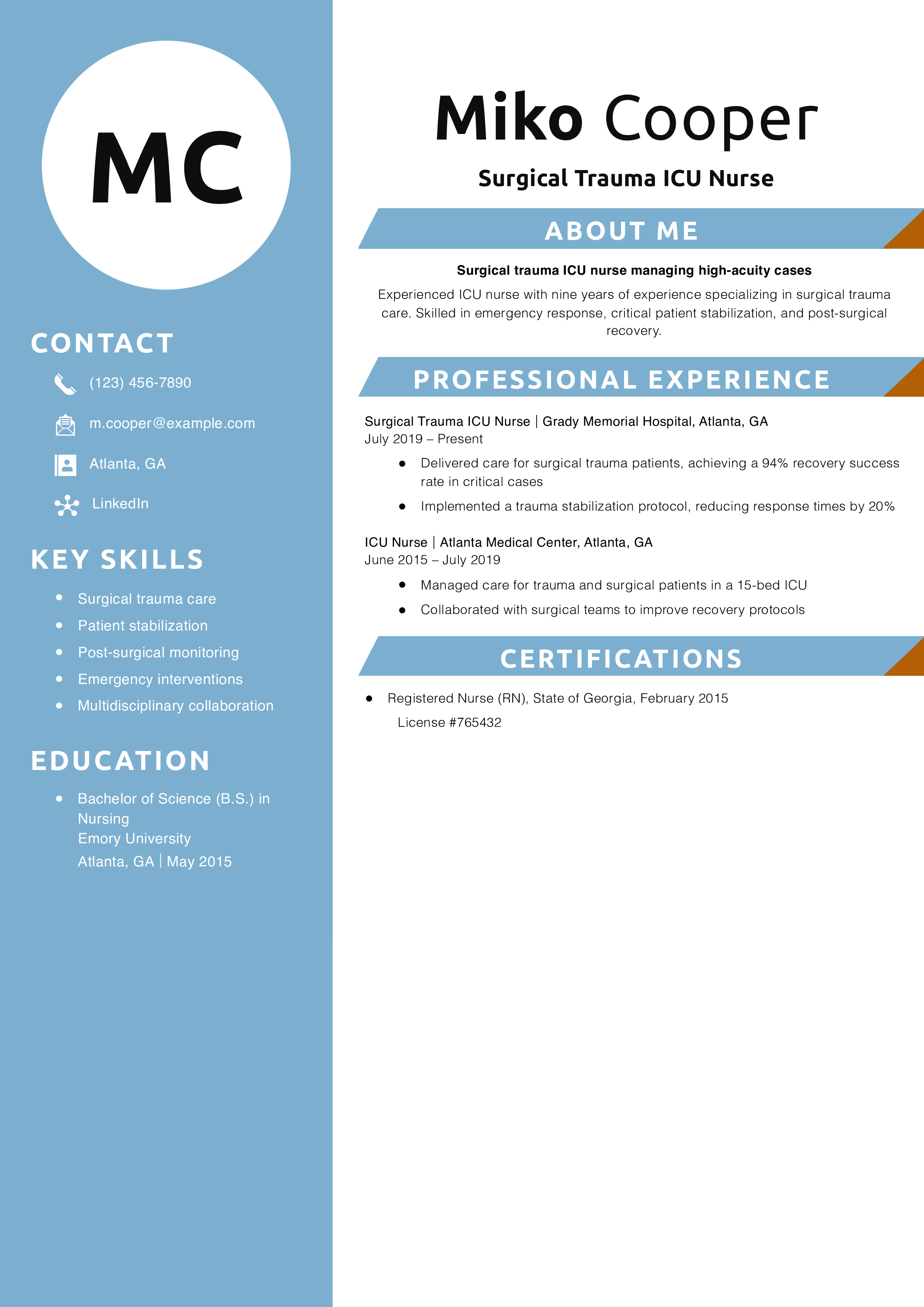 Surgical Trauma ICU Nurse Resume