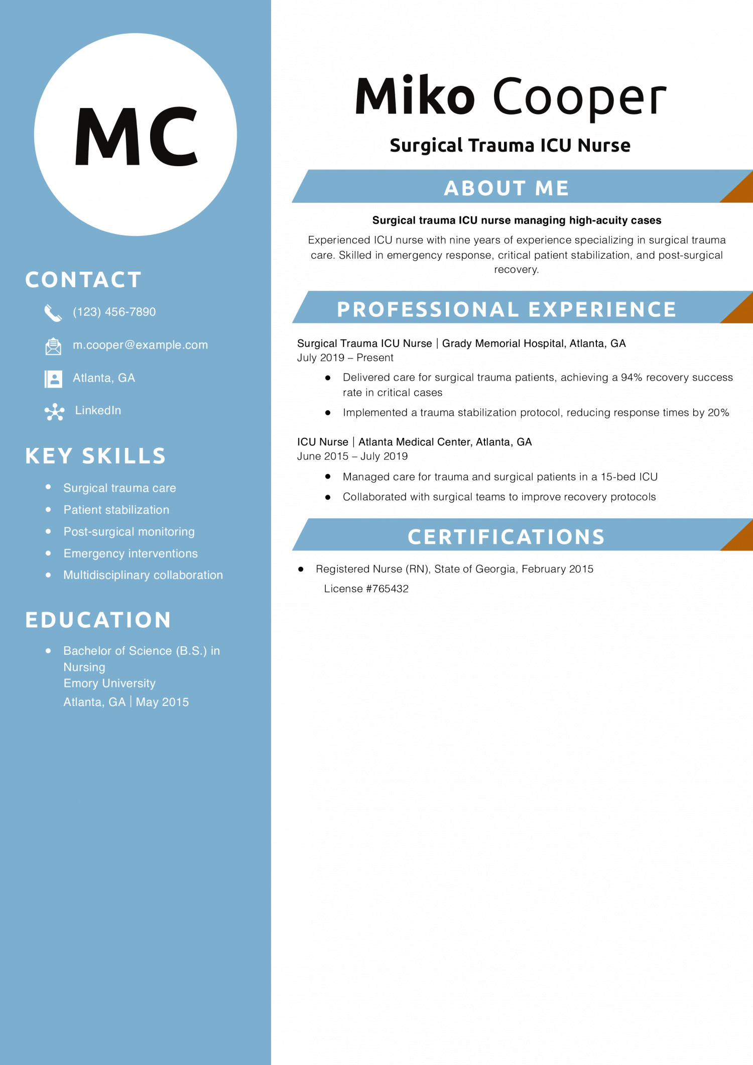 Surgical Trauma ICU Nurse Resume
