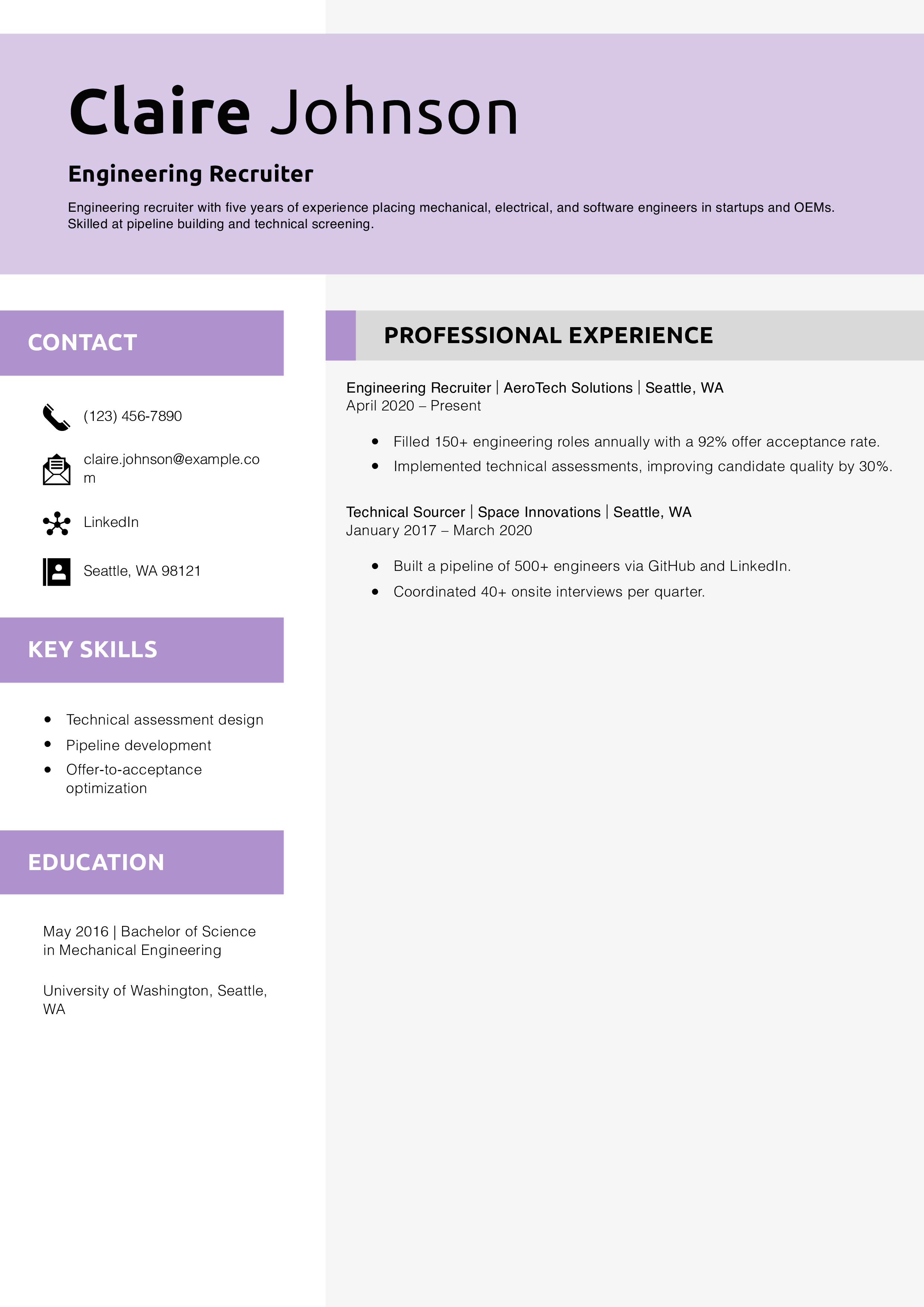 Engineering Recruiter Resume Example