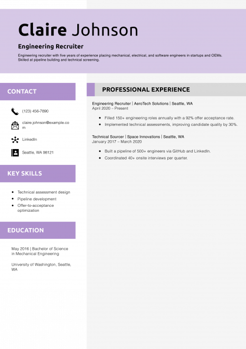 Engineering Recruiter Resume Example