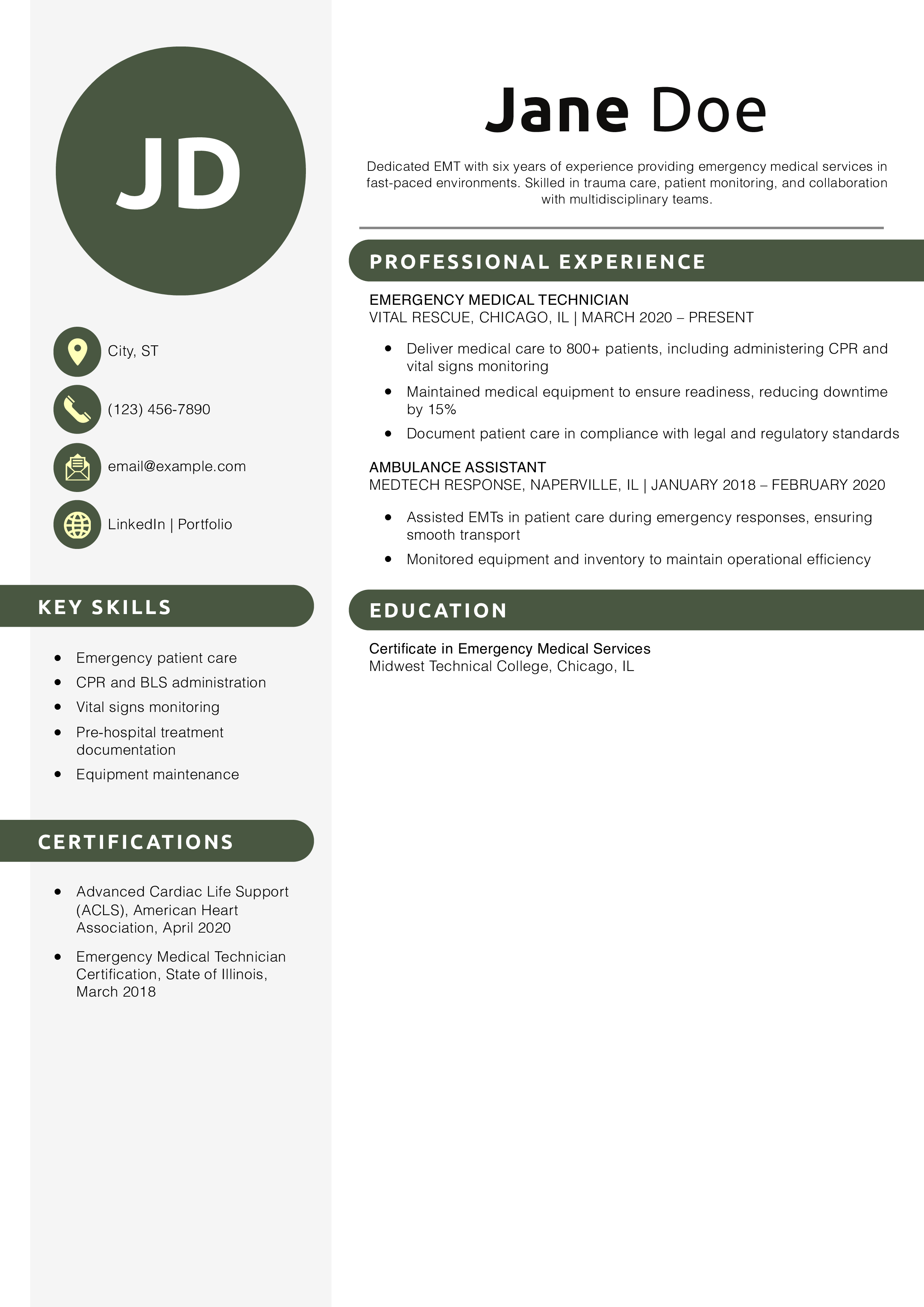 EMT Responsibilities Resume Example