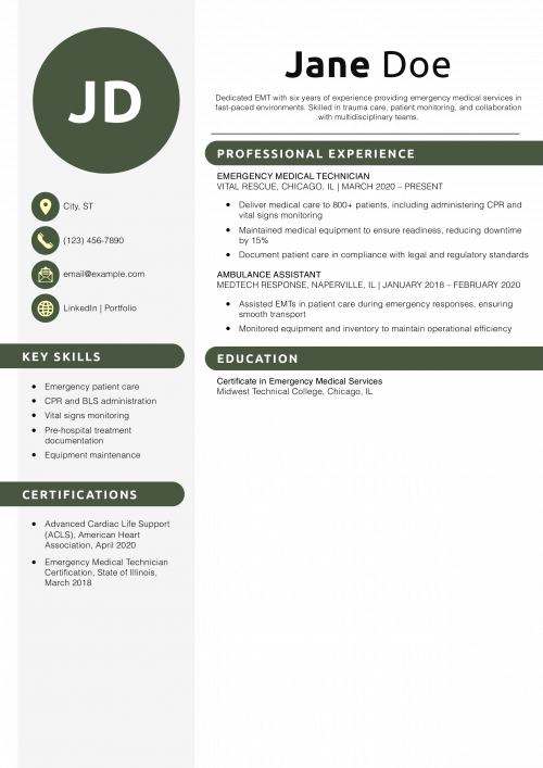 EMT Responsibilities Resume Example