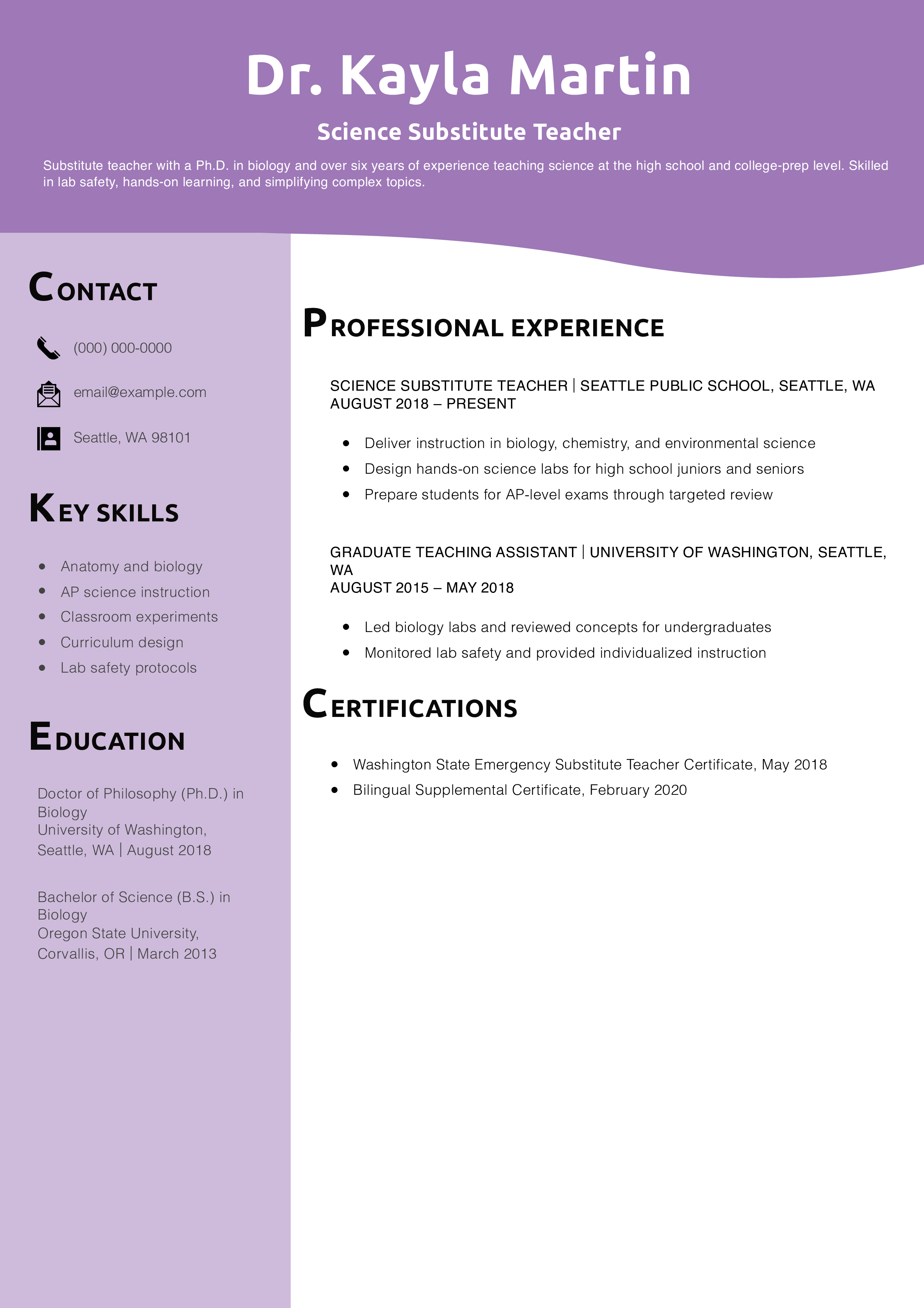 Science Substitute Teacher Resume Example