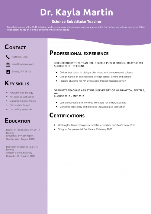 Science Substitute Teacher Resume Example