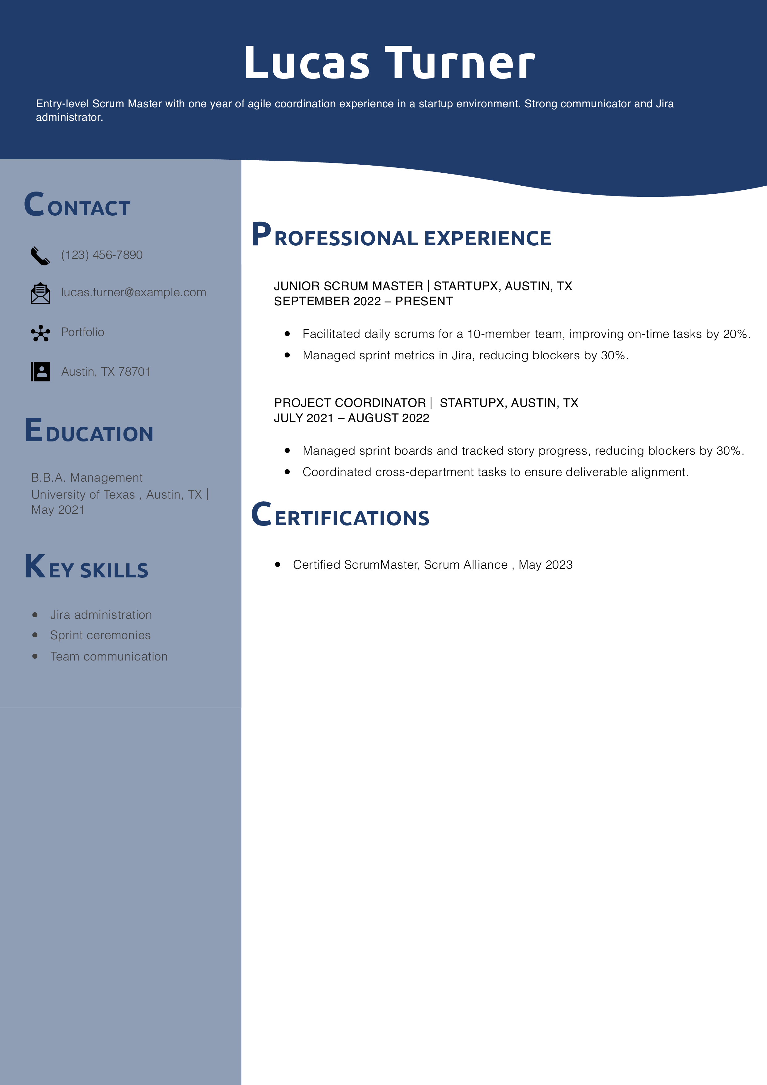 Entry Level Scrum Master Resume Example